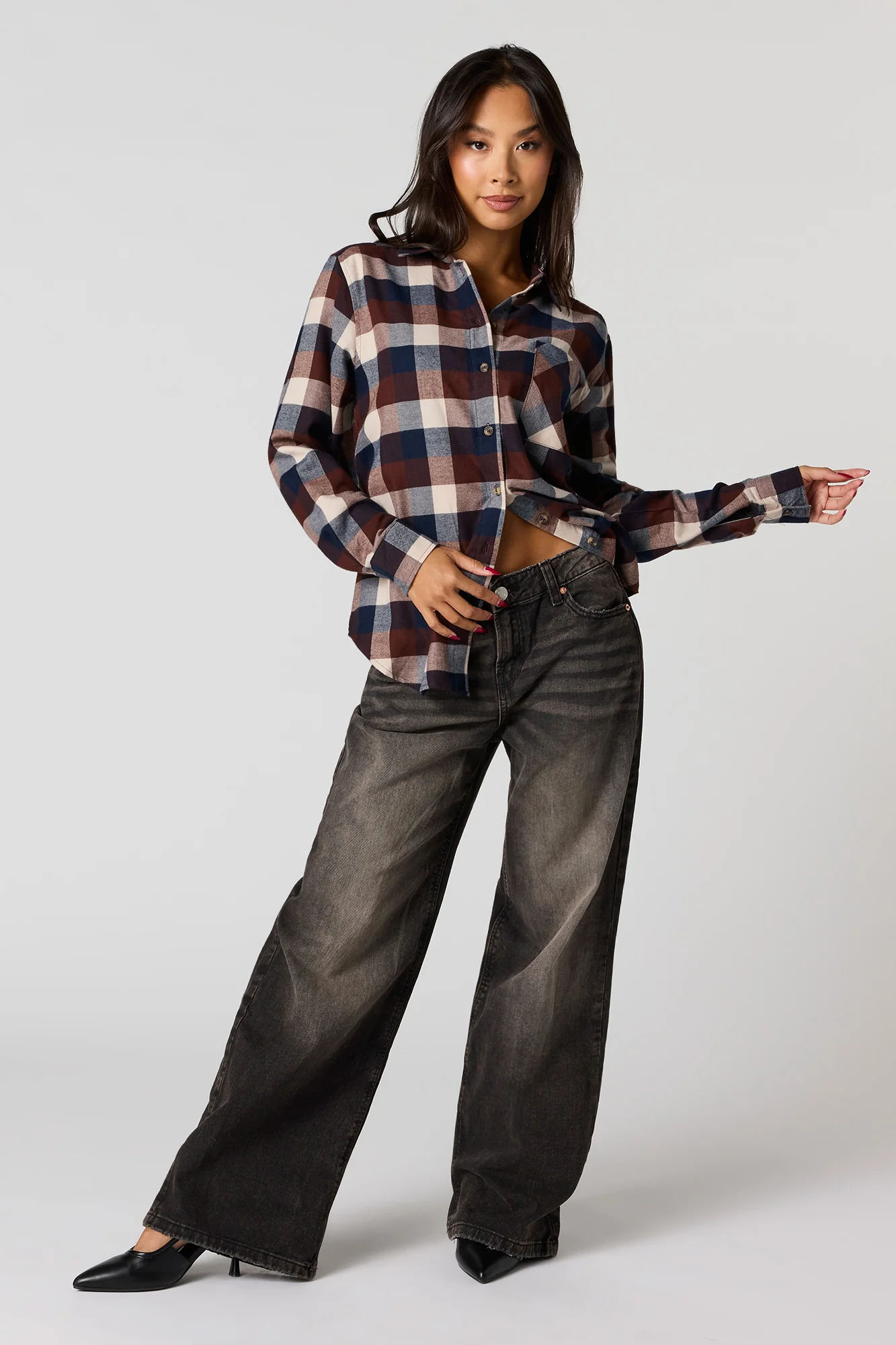 Embroidered Flannel Button-Up Top - Image 9