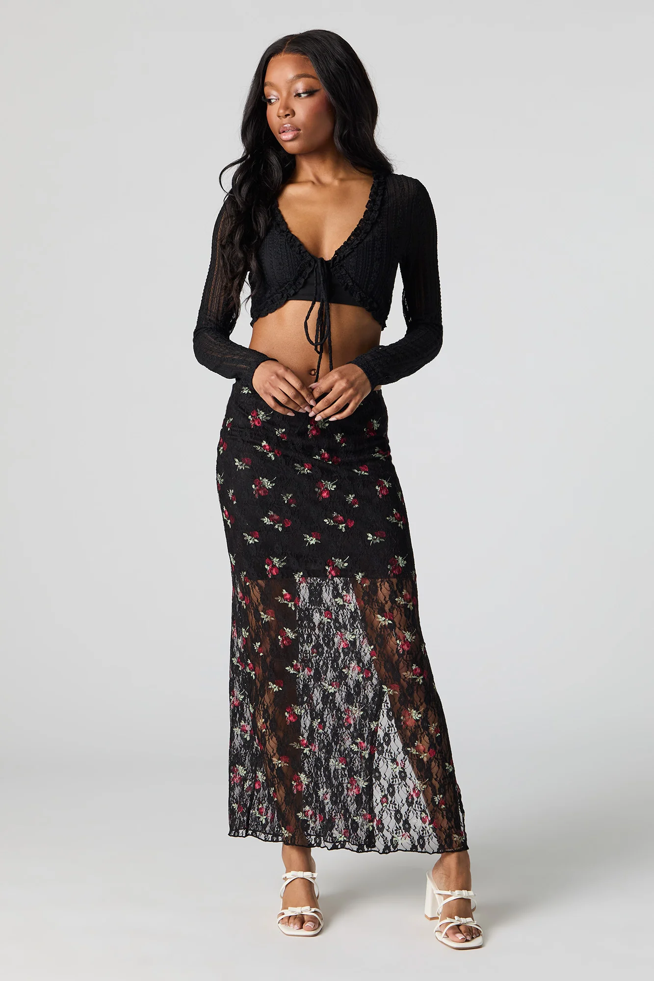 Floral Lace Ruffle Tie Front Top - Image 6