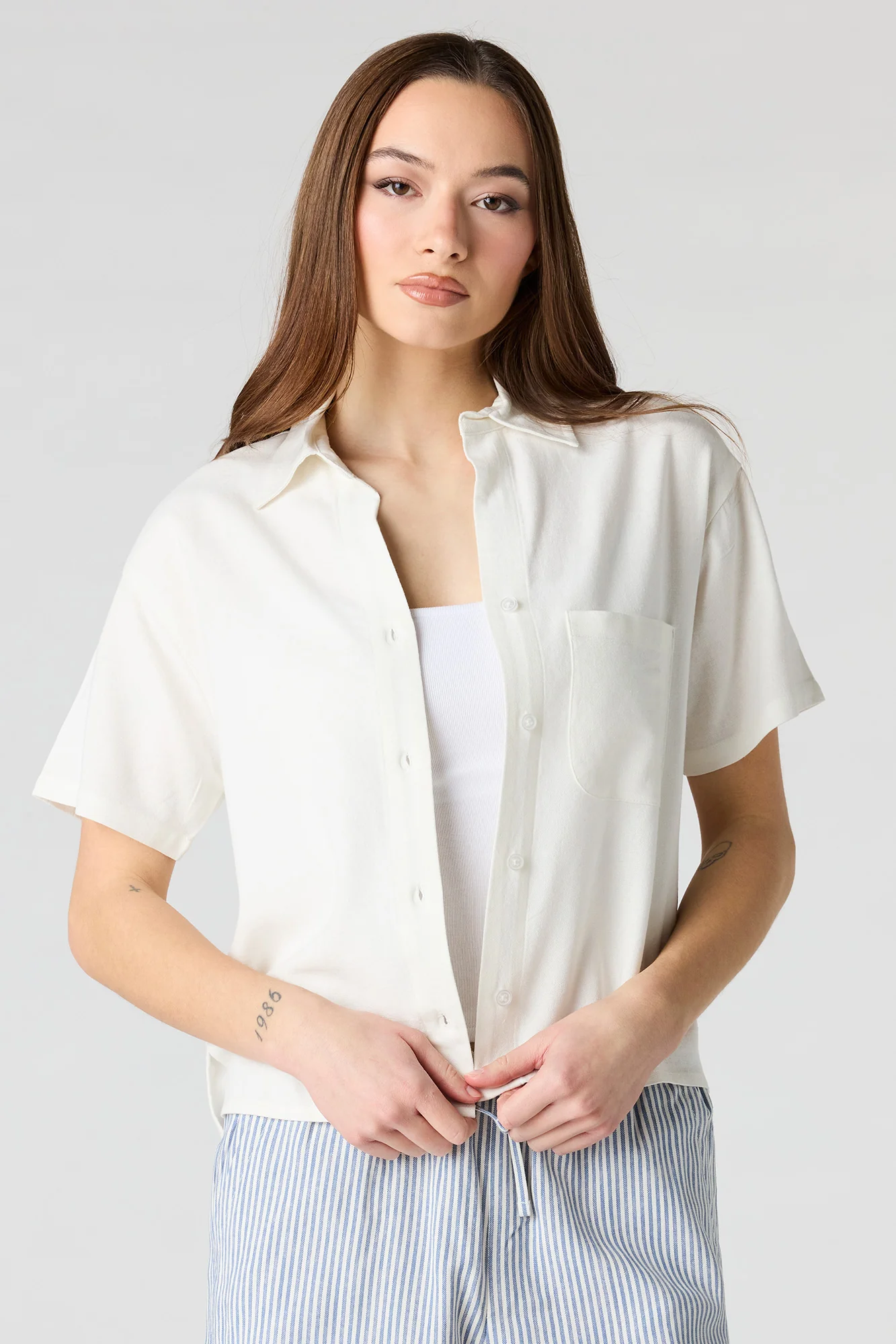 Linen-Blend Button-Up Collared Top - Image 4