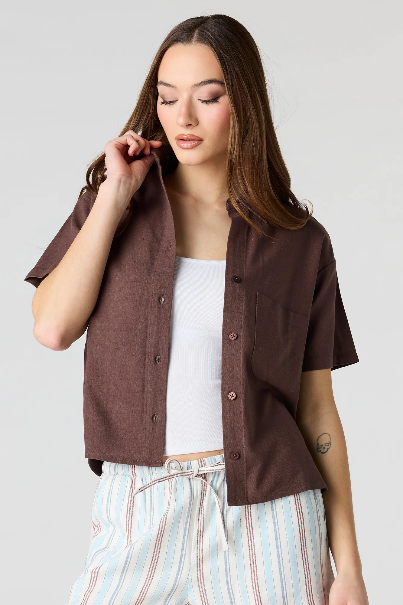 Linen-Blend Button-Up Collared Top - Image 7