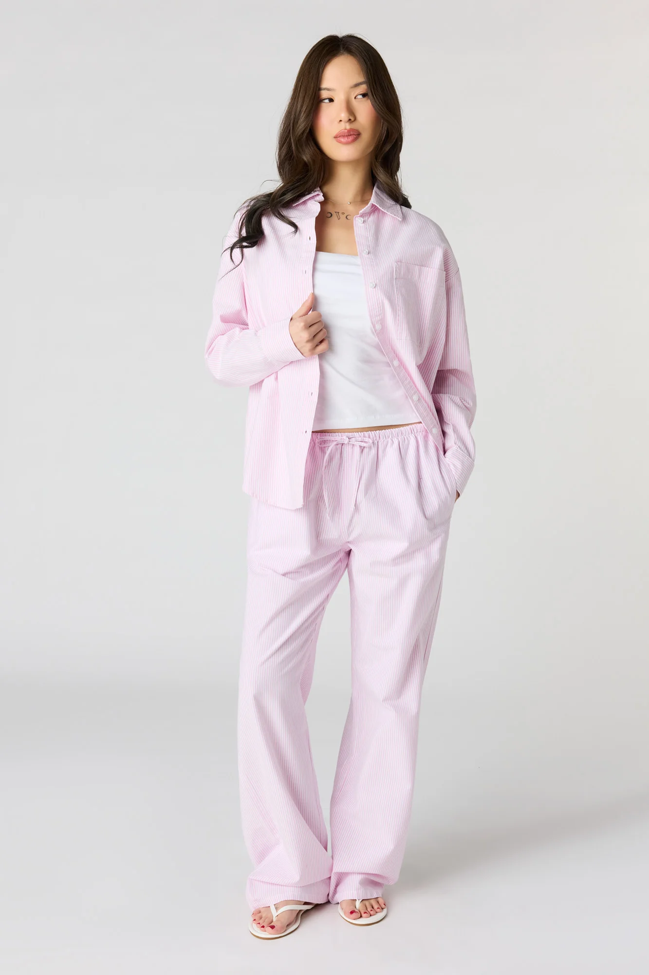 Oversized Pinstriped Button-Up Top - Image 12