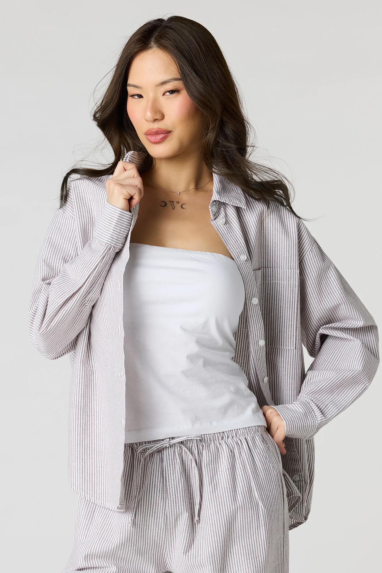 Oversized Pinstriped Button-Up Top - Image 4