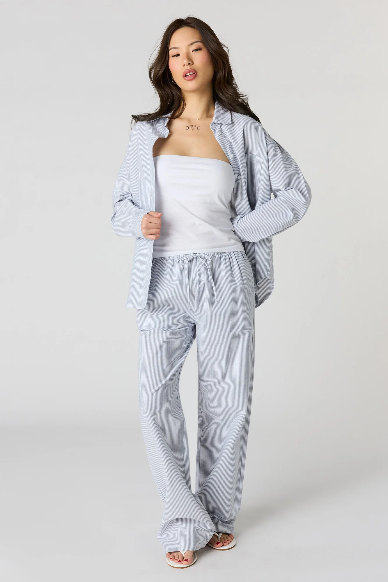 Oversized Pinstriped Button-Up Top - Image 9
