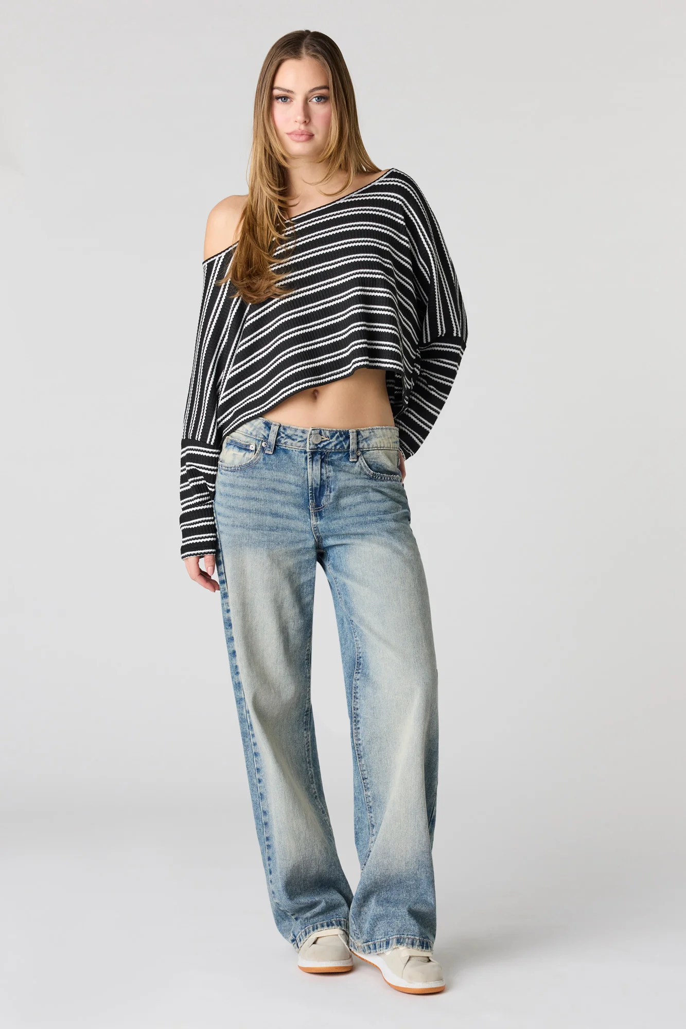 Textured Striped Off Shoulder Long Sleeve Top - Image 3