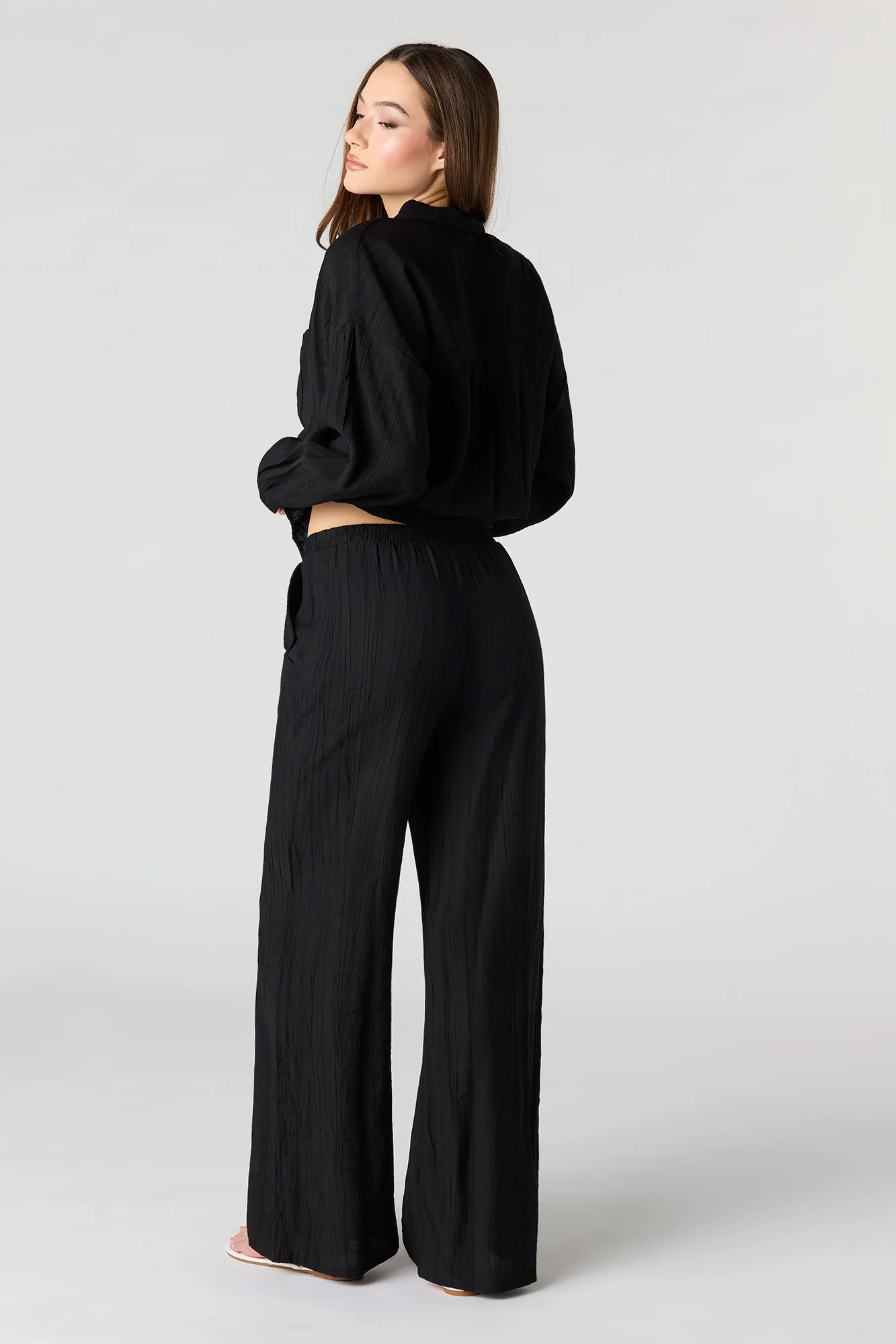 Textured Drawstring Flowy Wide Leg Pant - Image 6