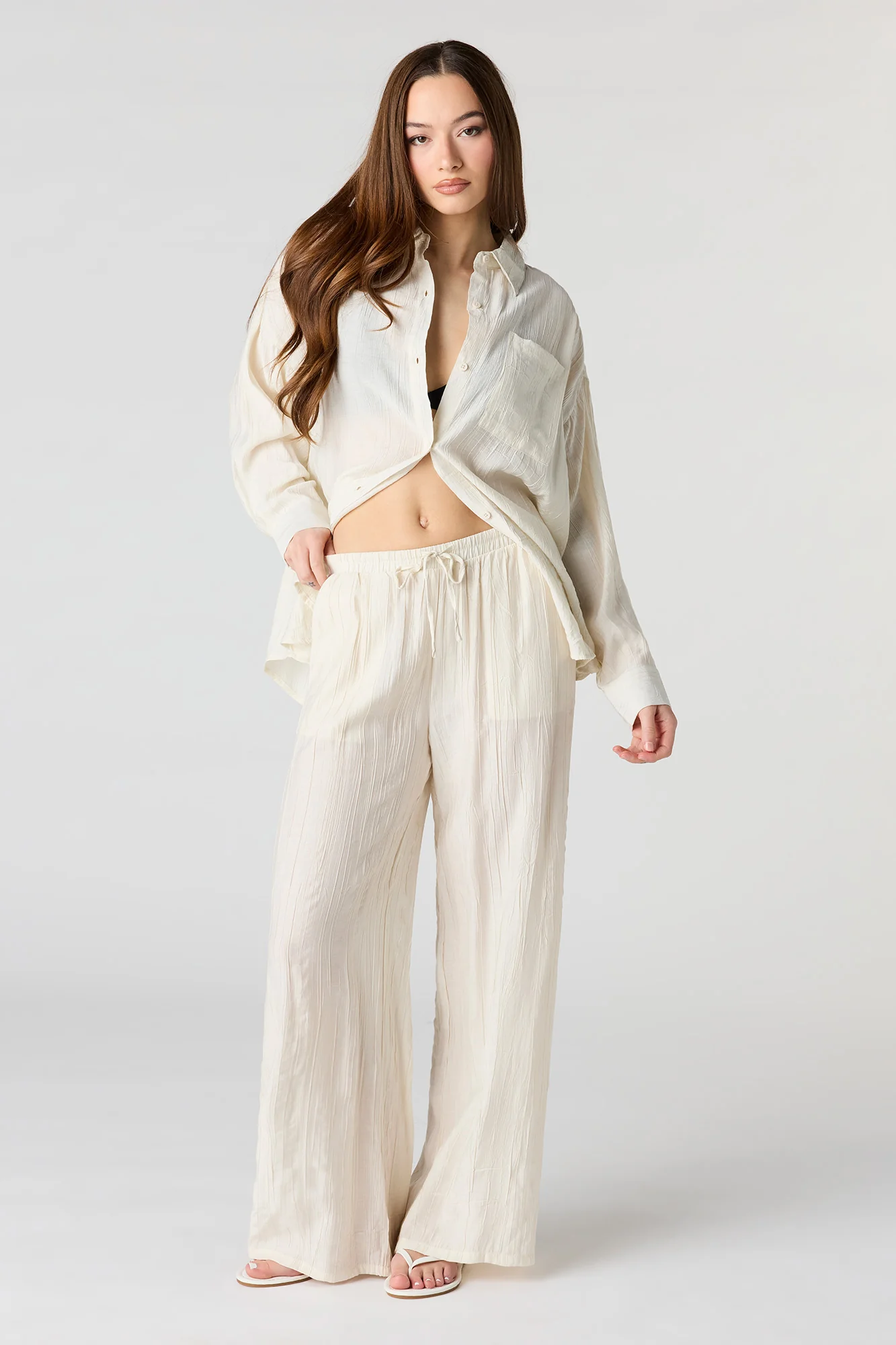 Textured Drawstring Flowy Wide Leg Pant - Image 7