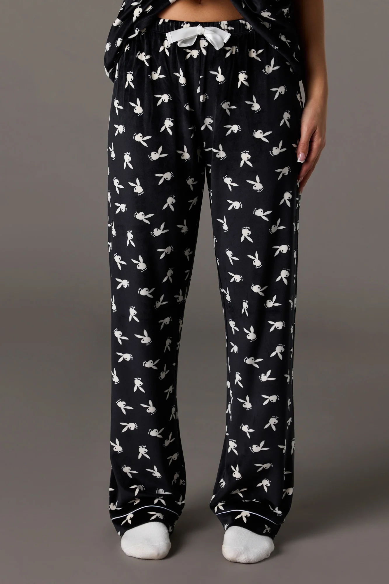 Playboy Printed Velour Collared Top & Pant Pajama Set - Image 7