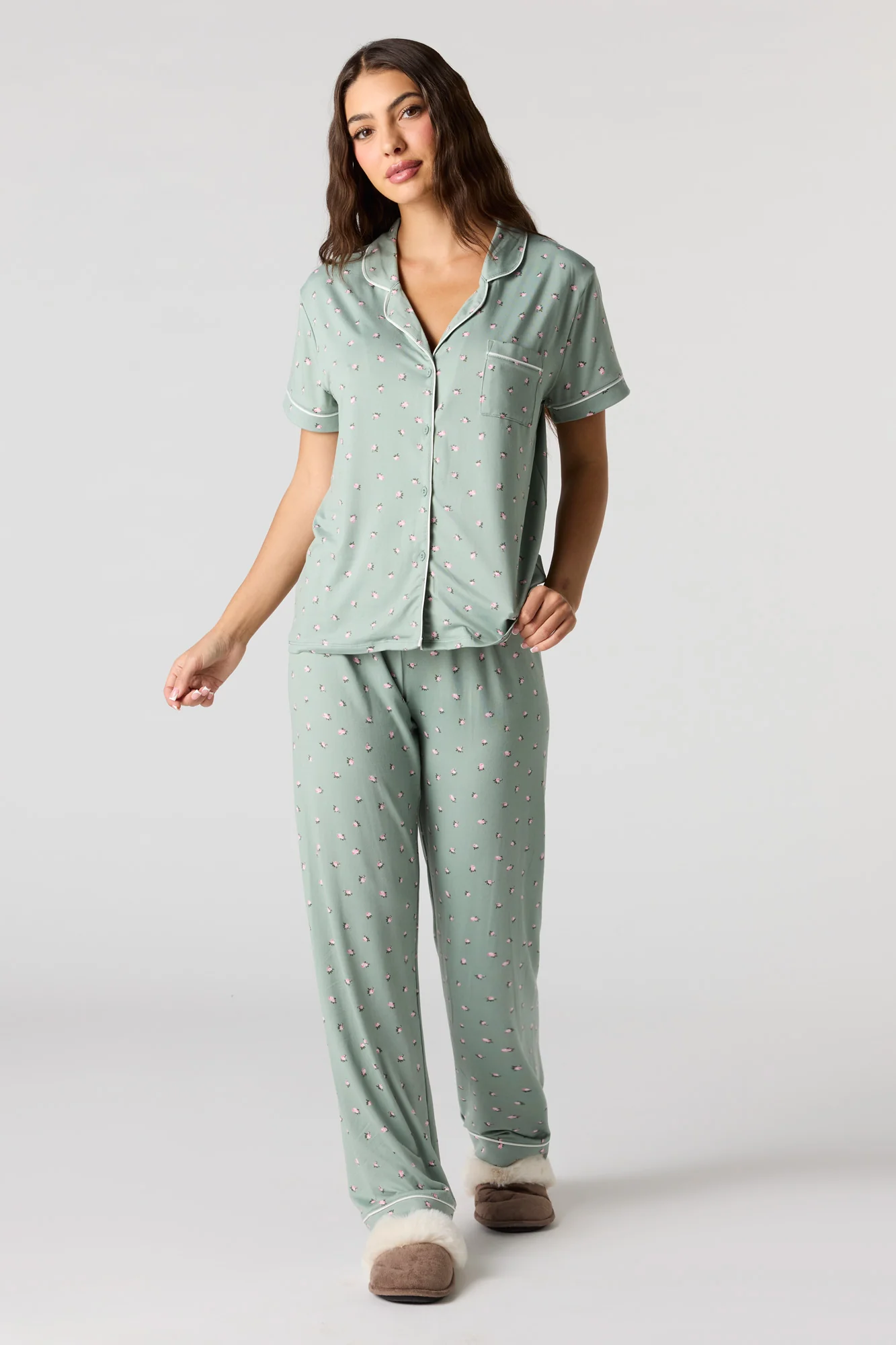 Printed Button-Up Top & Printed Pant Pajama Set - Image 13
