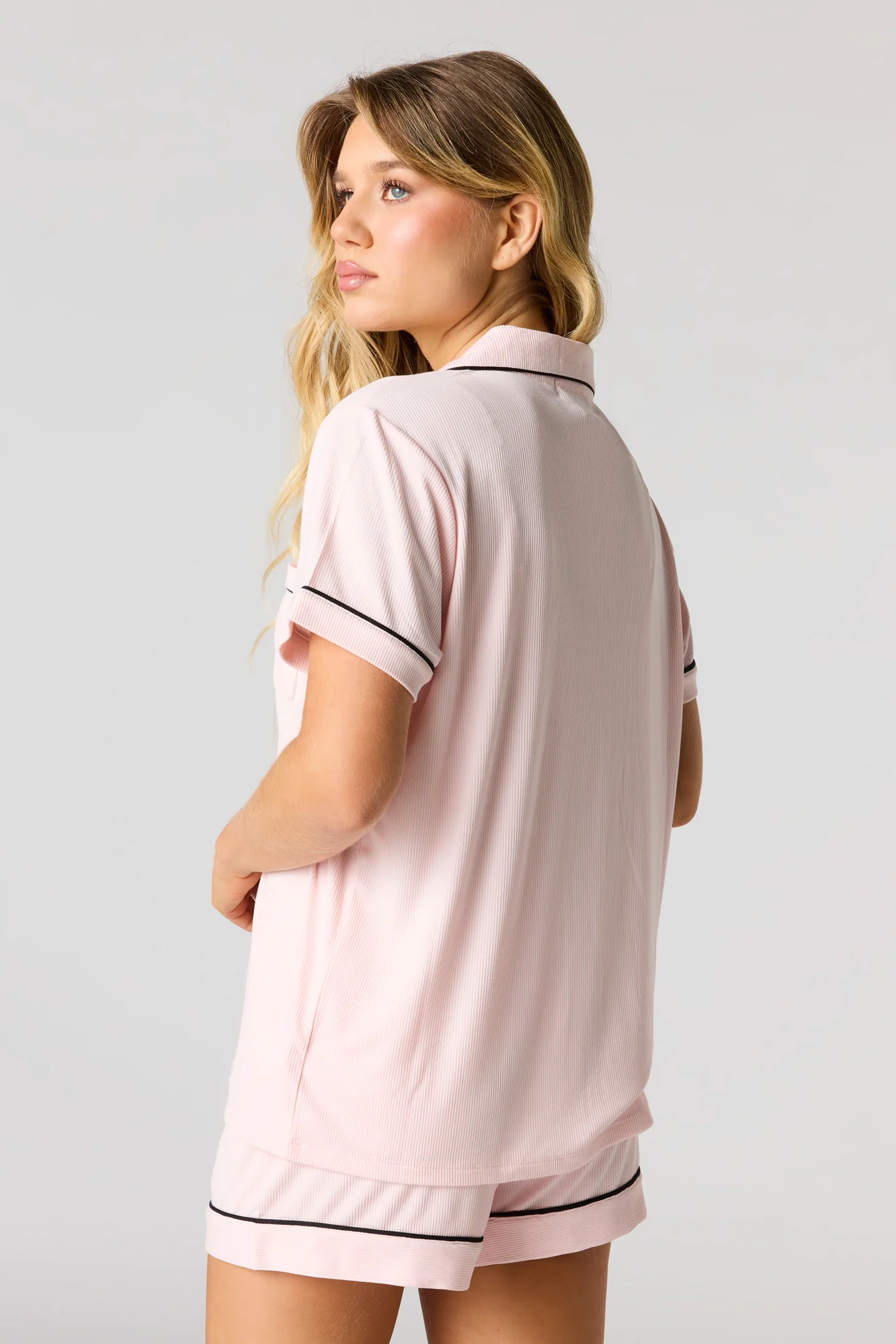 Ribbed Button-Up Top & Short Pajama Set - Image 2