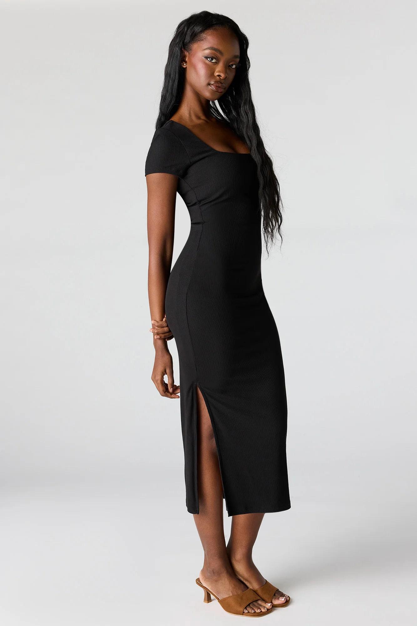 Ribbed Square Neck Bodycon Midi Dress - Image 5
