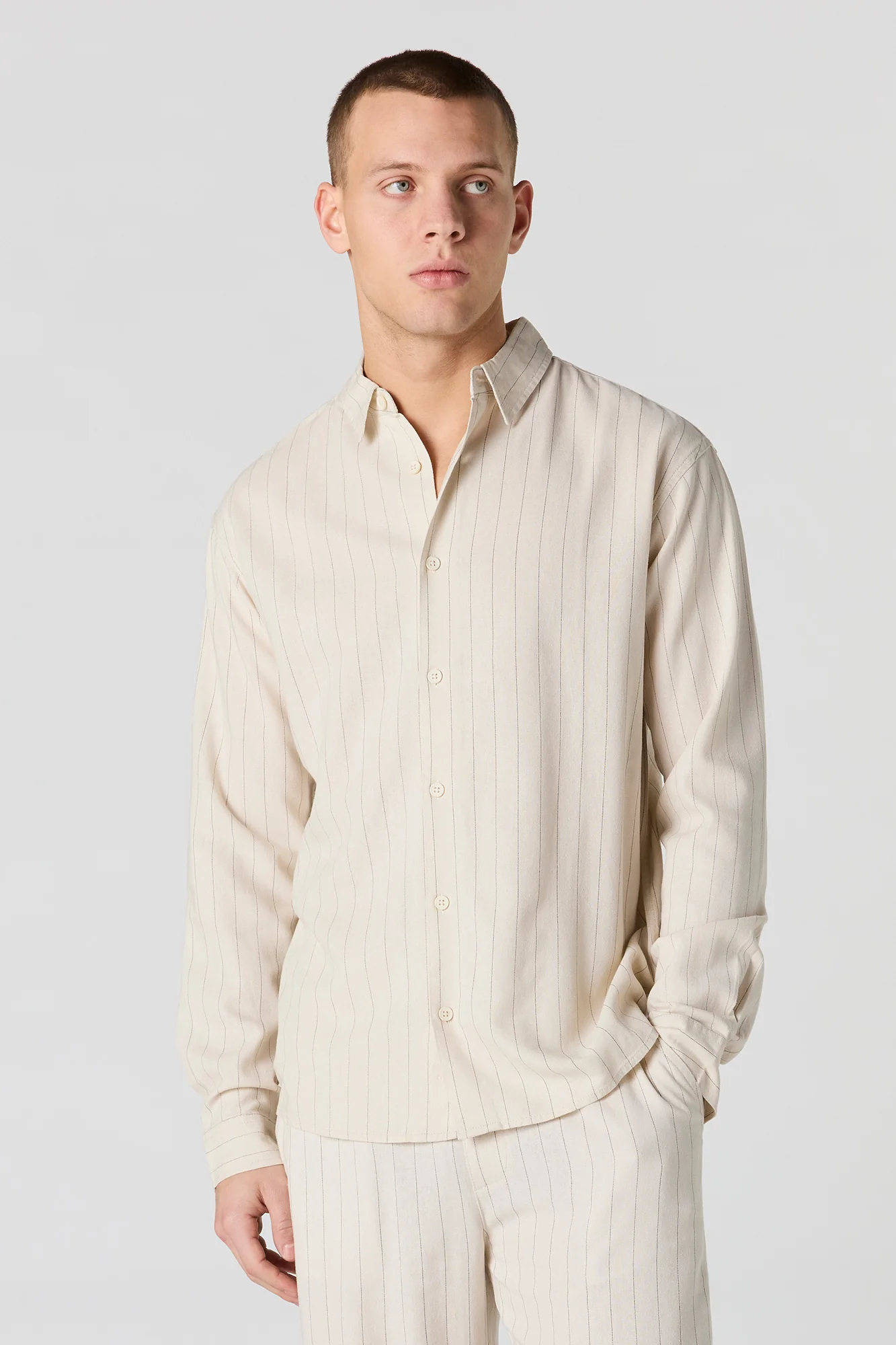 Linen-Blend Long Sleeve Button-Up Top