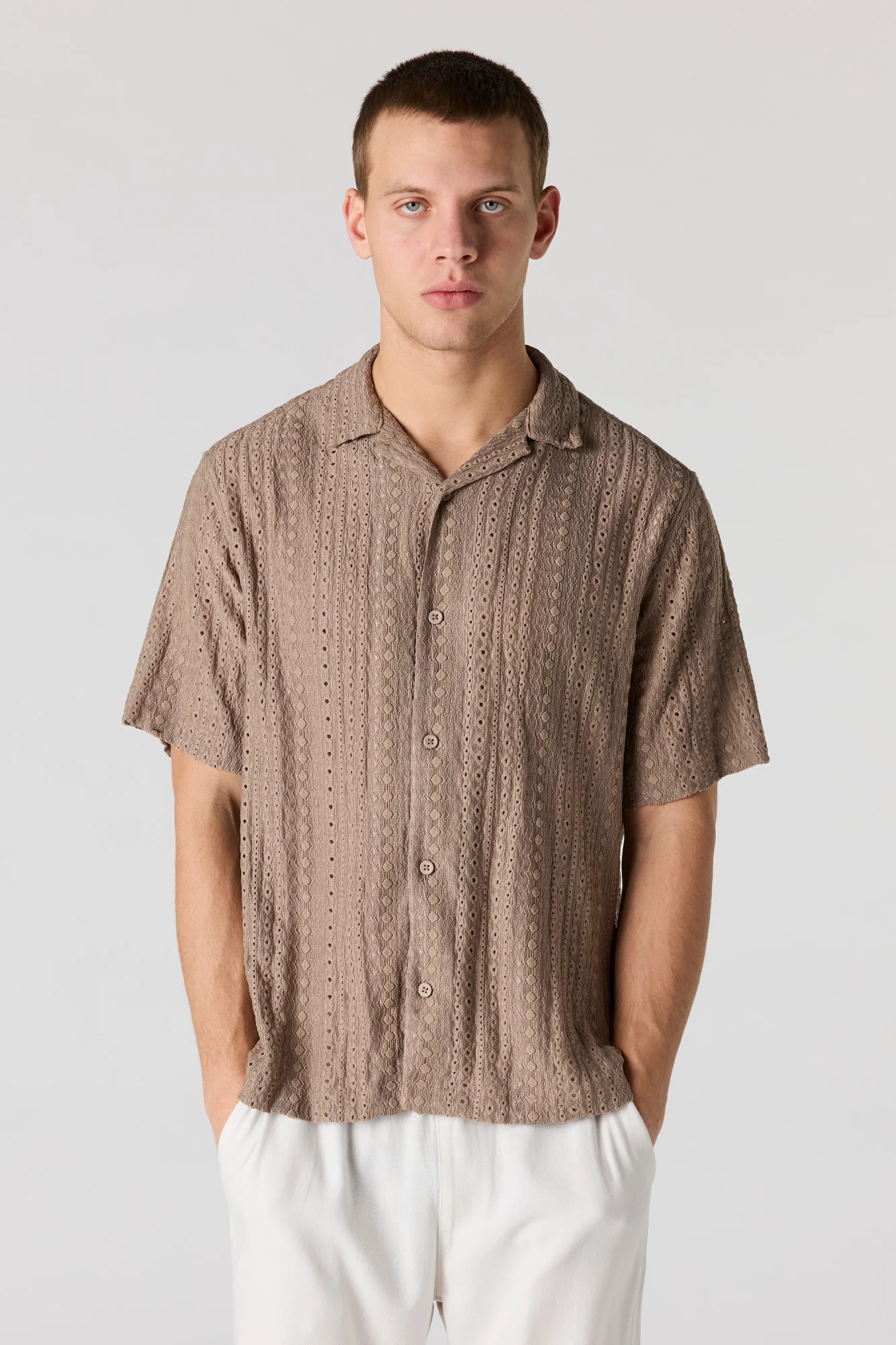 Textured Short Sleeve Button-Up Top - Image 7