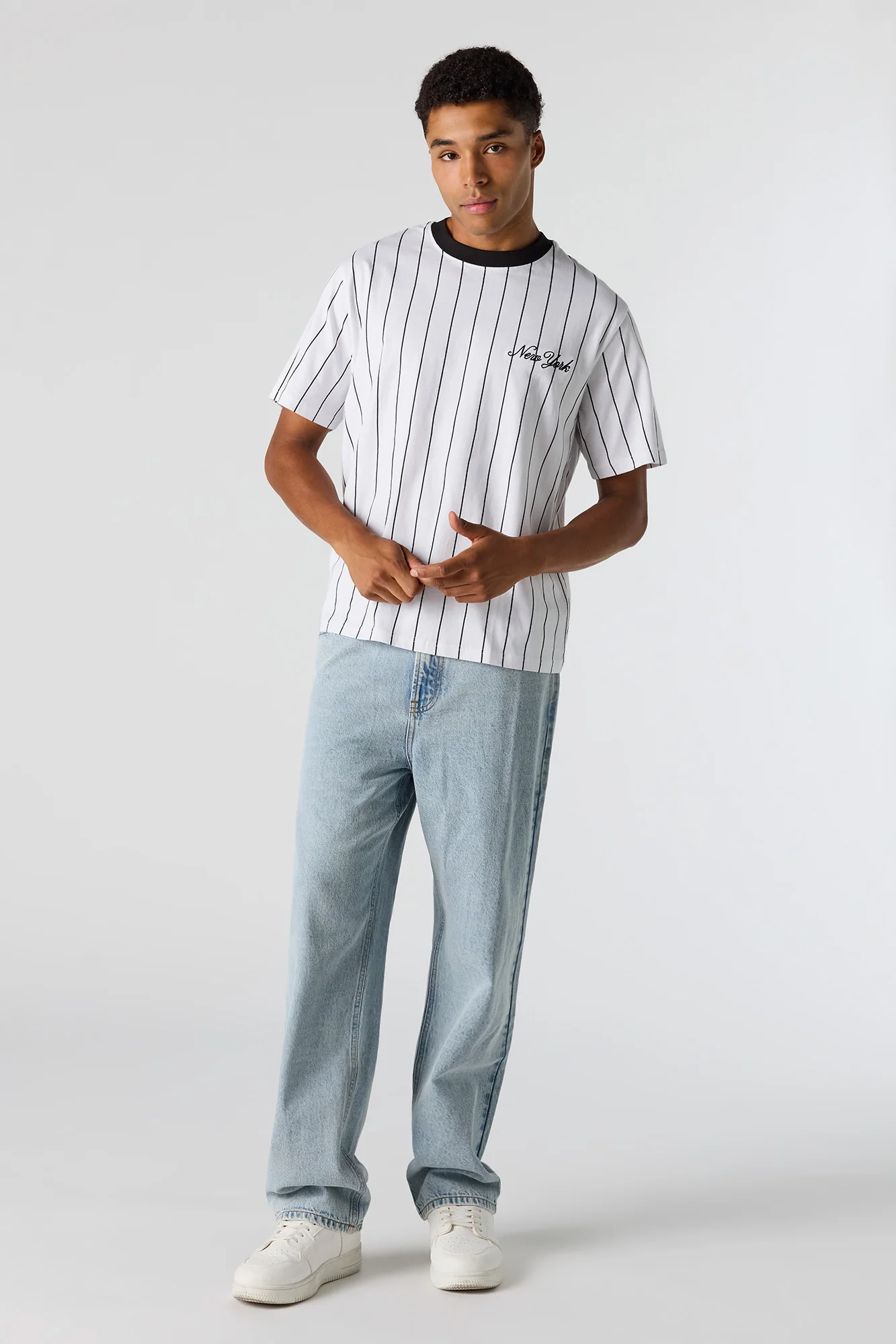 New York Embroidered Pinstriped T-Shirt - Image 3