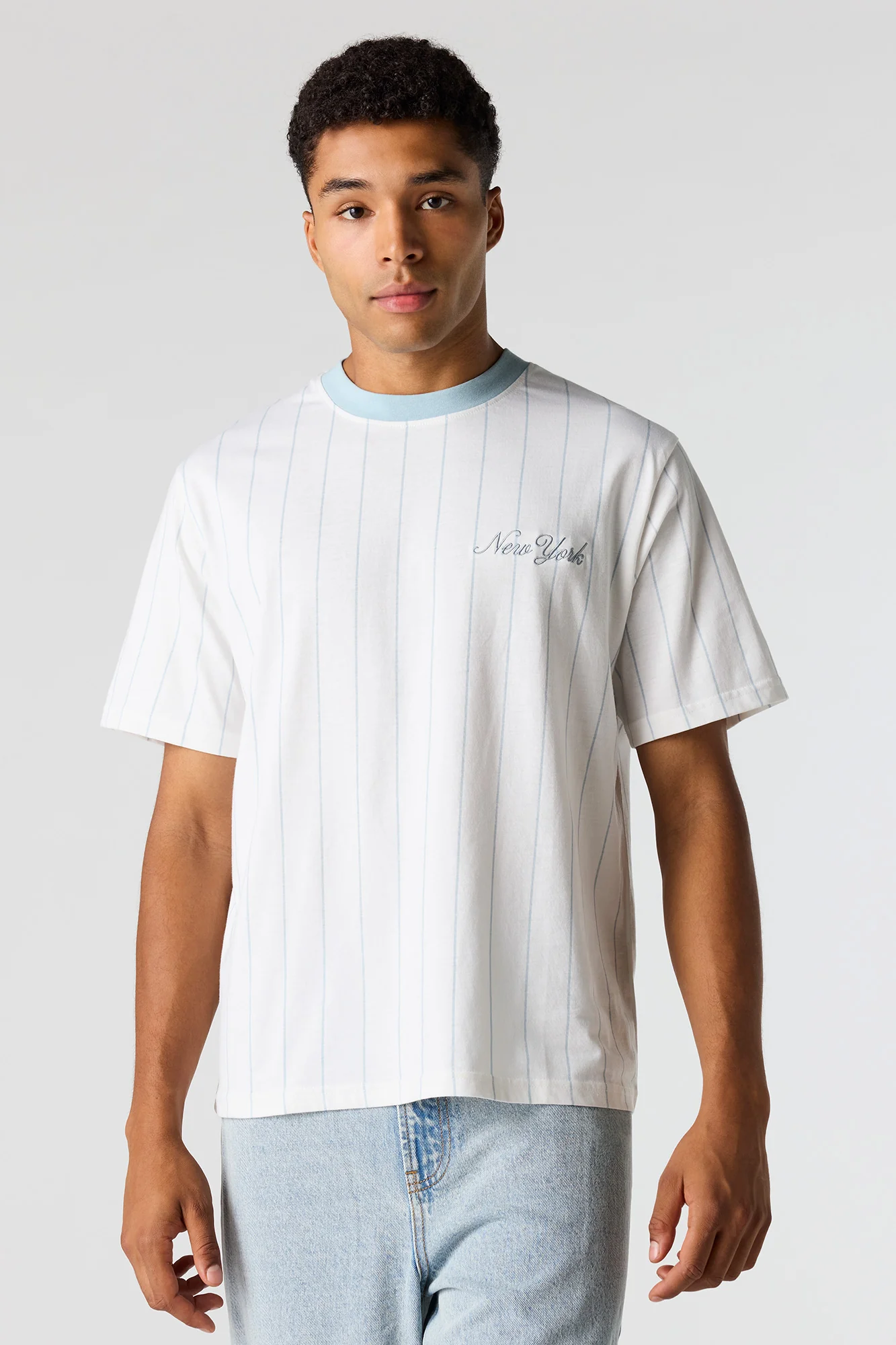 New York Embroidered Pinstriped T-Shirt - Image 5