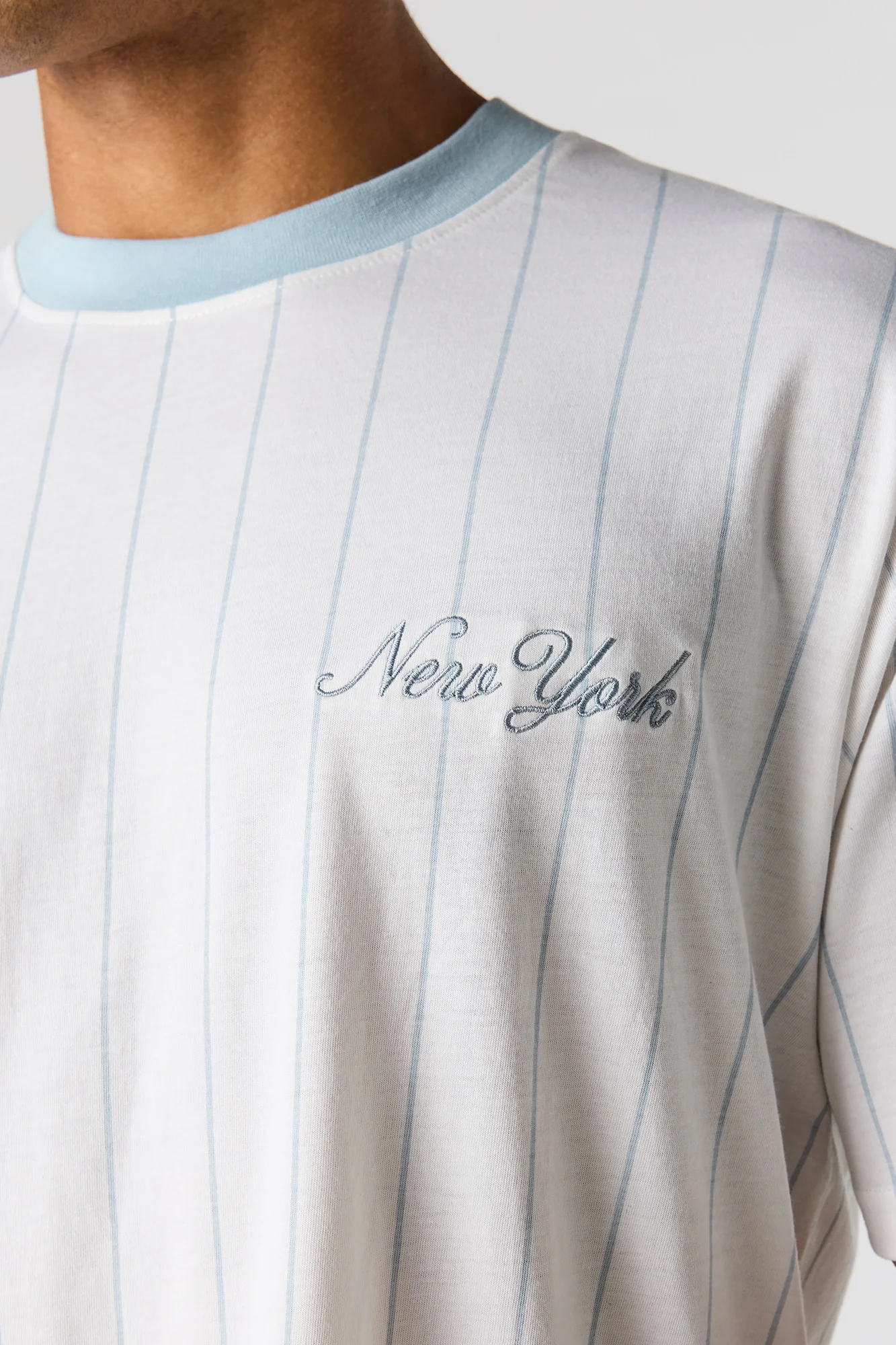 New York Embroidered Pinstriped T-Shirt - Image 8