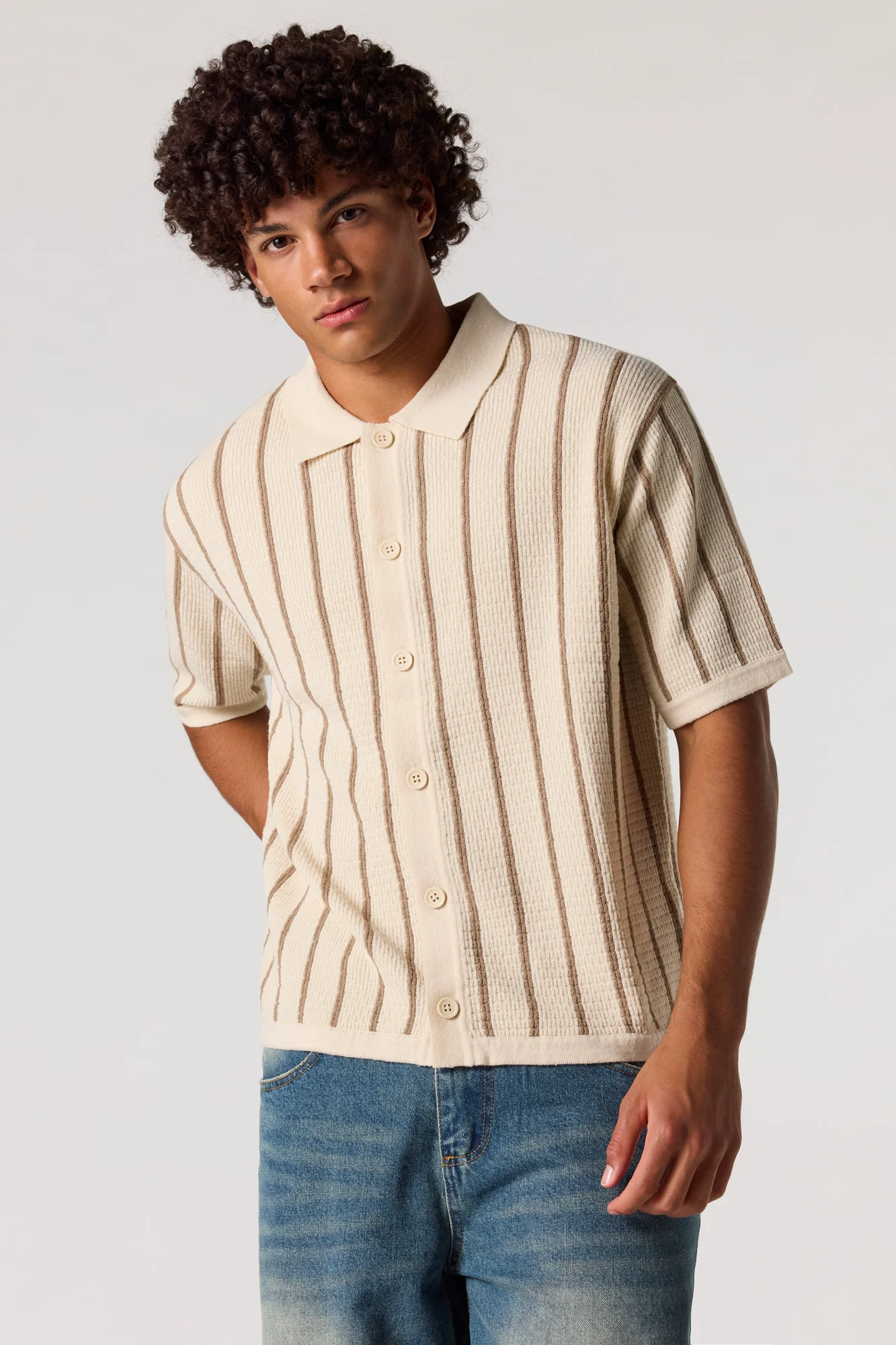 Boxy Jacquard Knit Button-Up Top