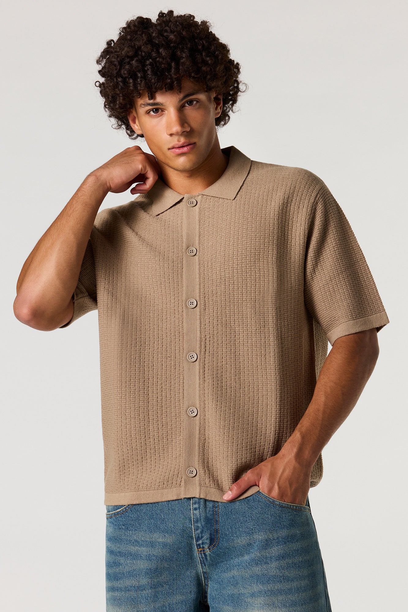 Boxy Jacquard Knit Button-Up Top - Image 10