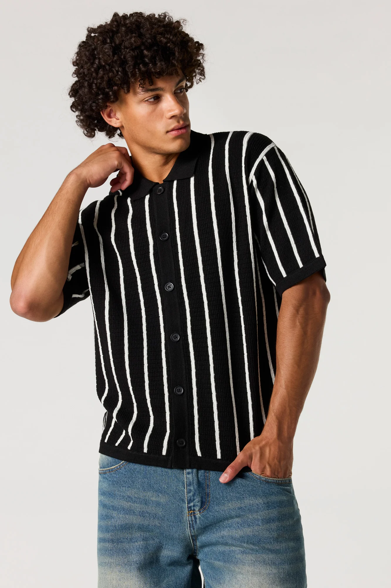 Boxy Jacquard Knit Button-Up Top - Image 4