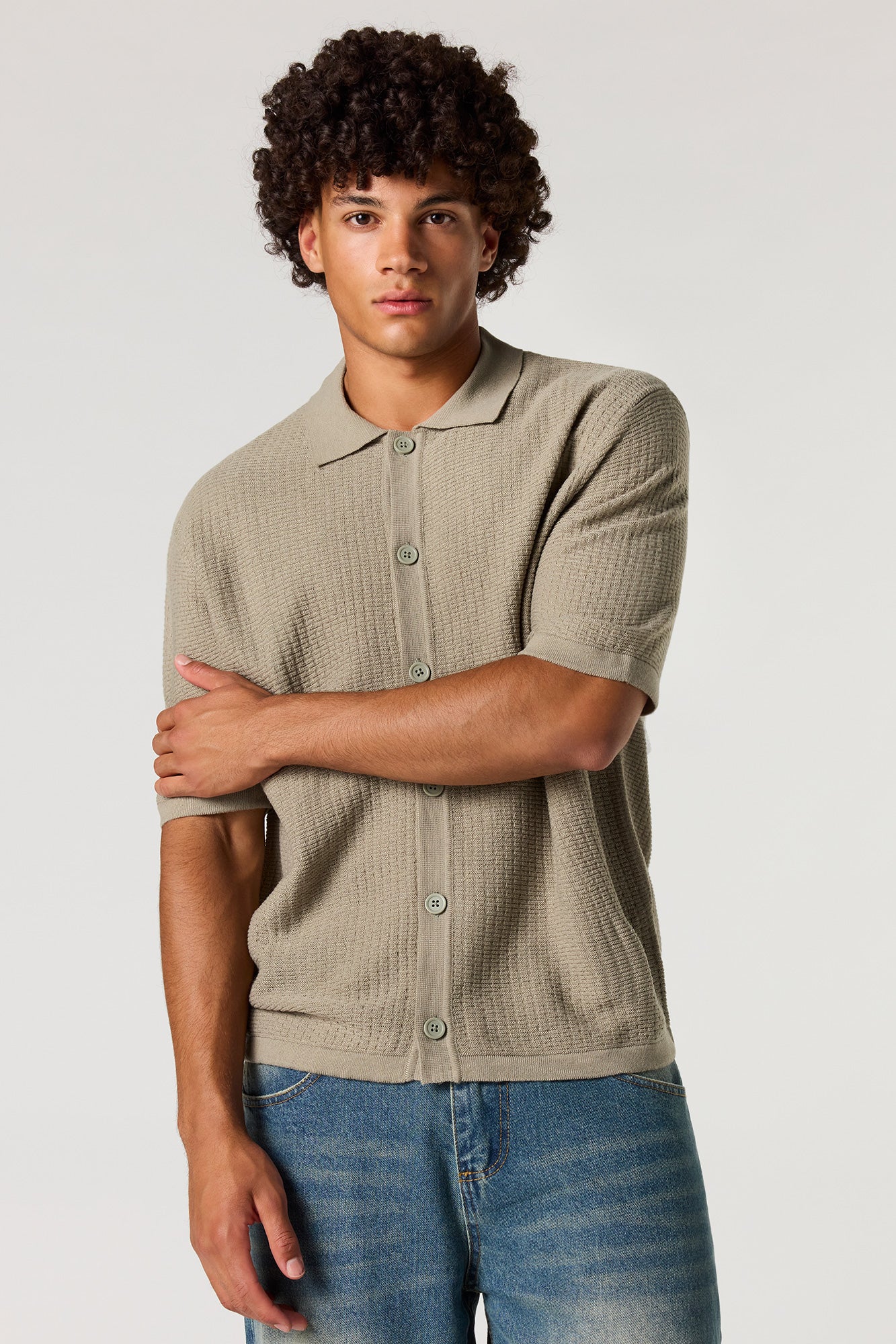 Boxy Jacquard Knit Button-Up Top - Image 7