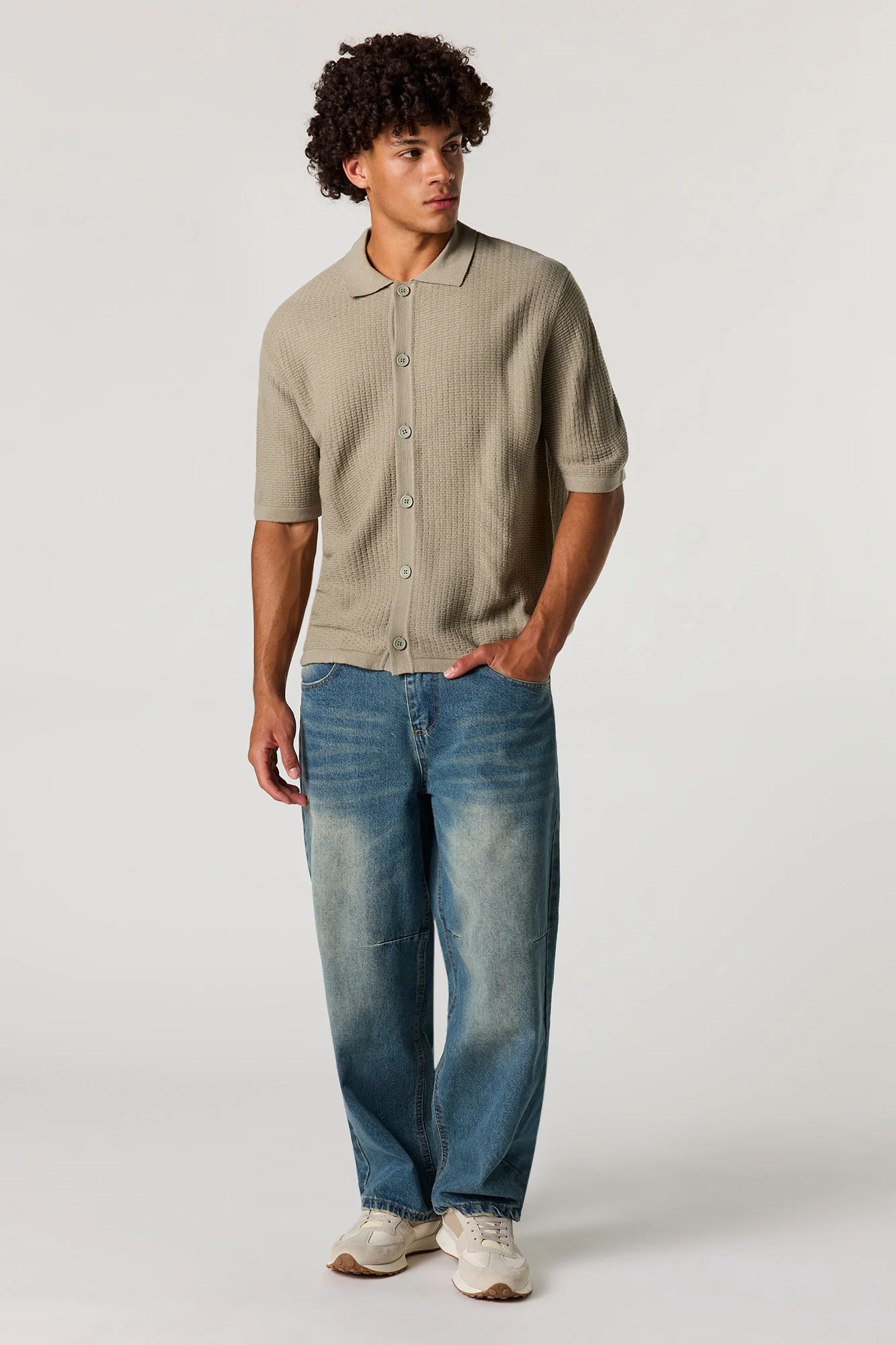 Boxy Jacquard Knit Button-Up Top - Image 9