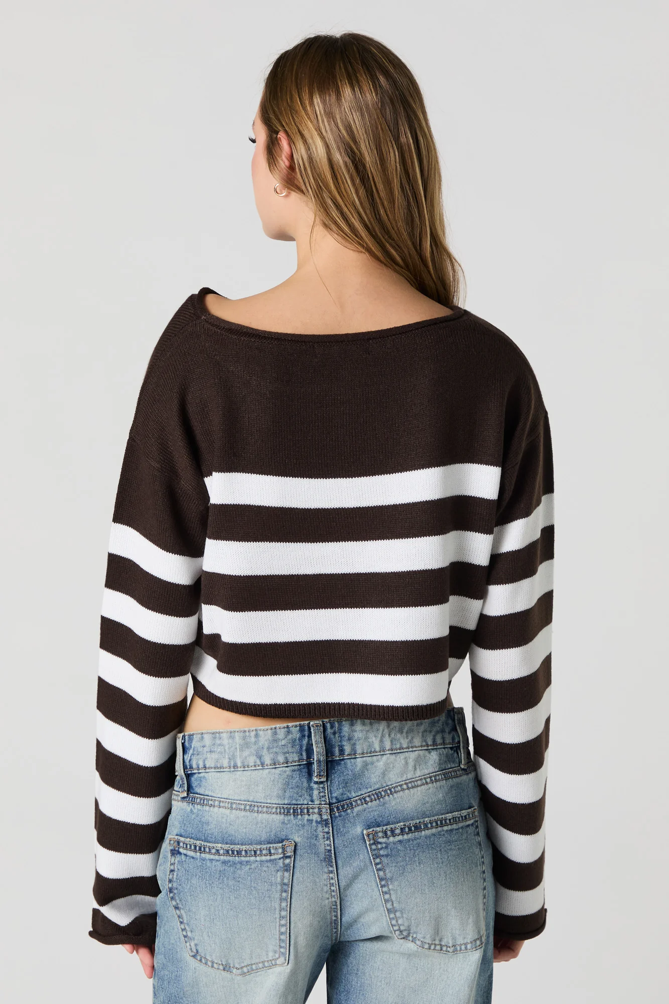 Striped Boat Neck Cropped Sweater - Image 3