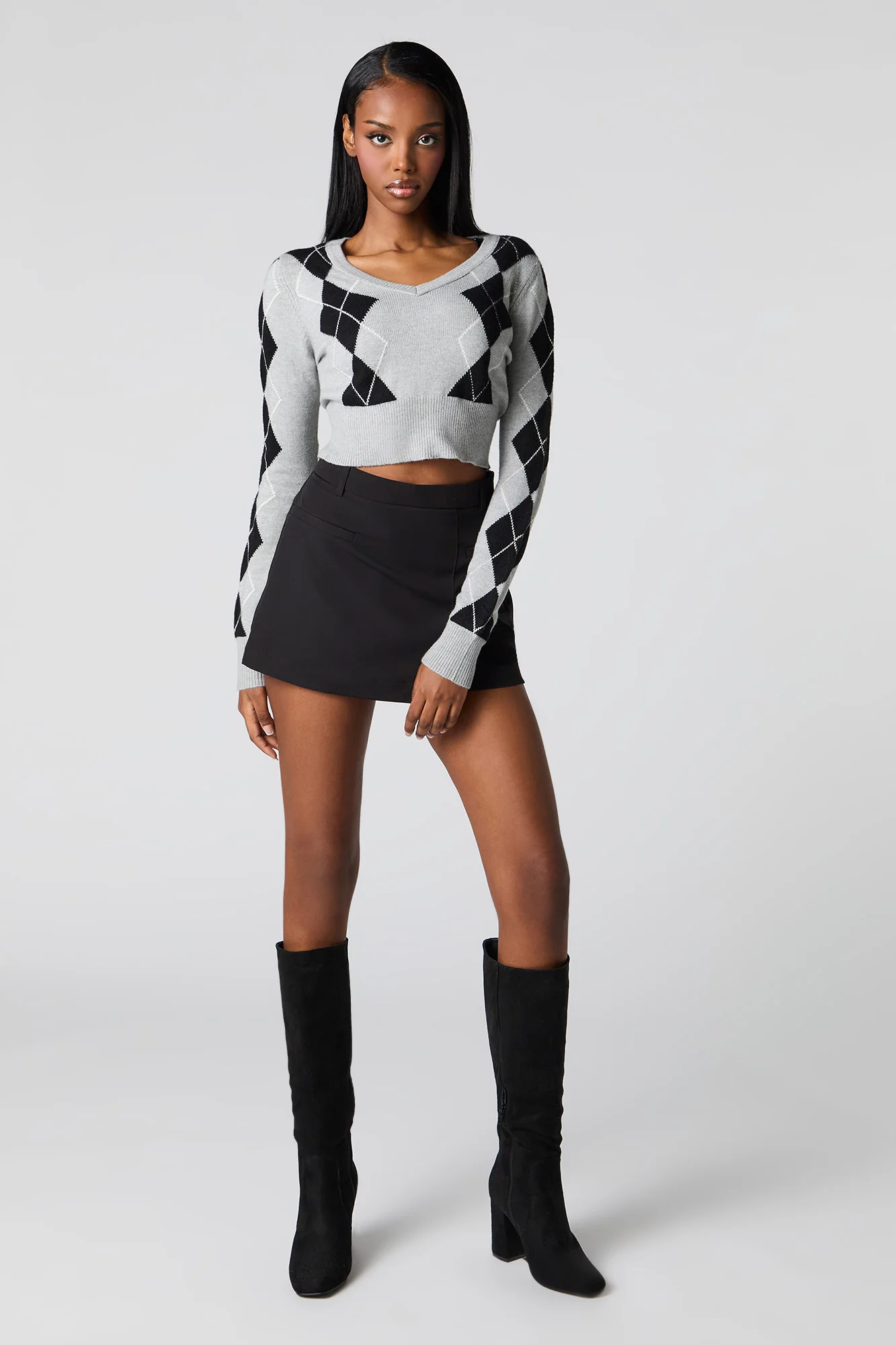 Cropped V-Neck Argyle Sweater - Image 6