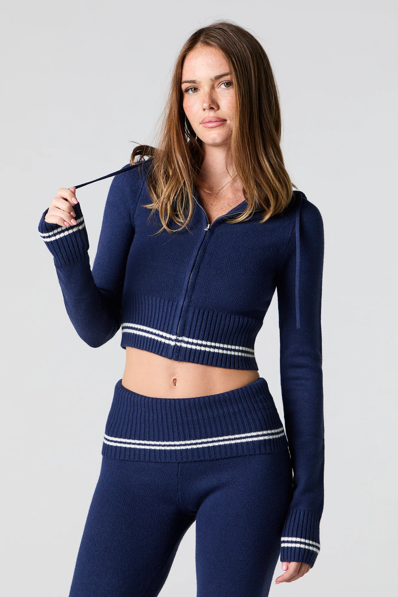 Zip-Up Cropped Knit Hoodie - Image 7