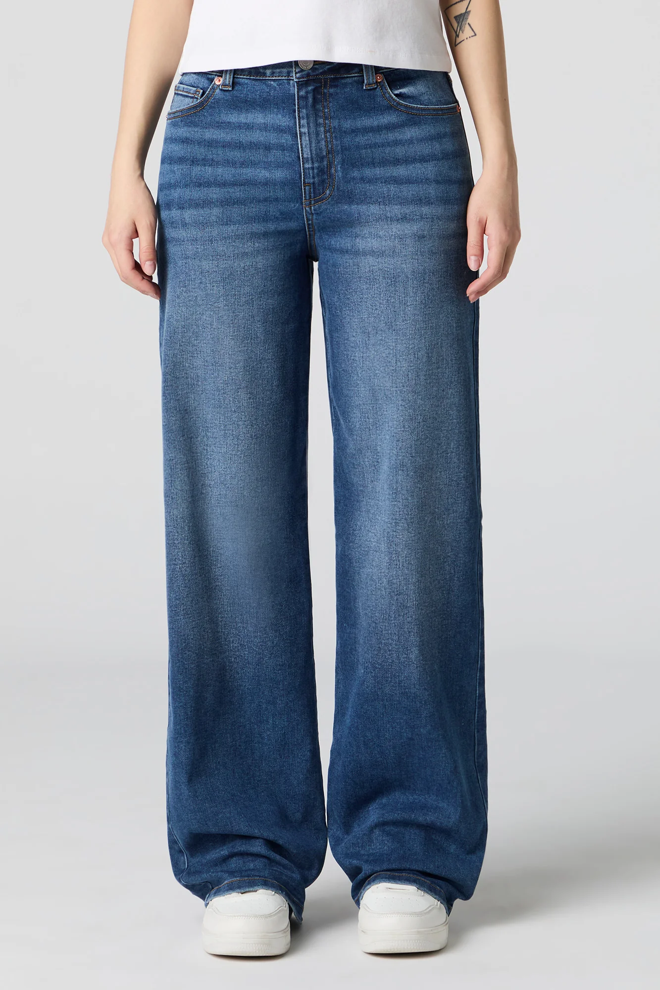 Jean extensible délavé foncé à jambe large et taille haute - Image 2