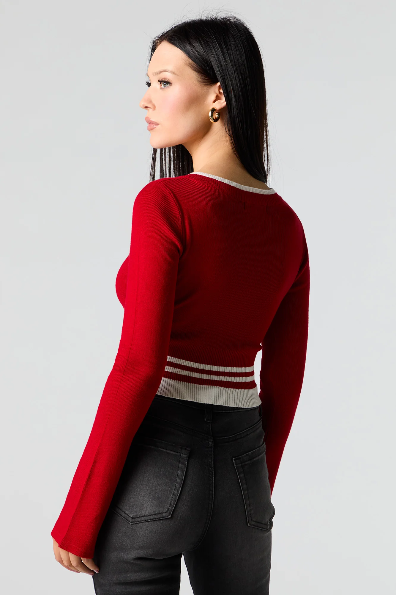 Ribbed Knit V-Neck Cropped Sweater - Image 2