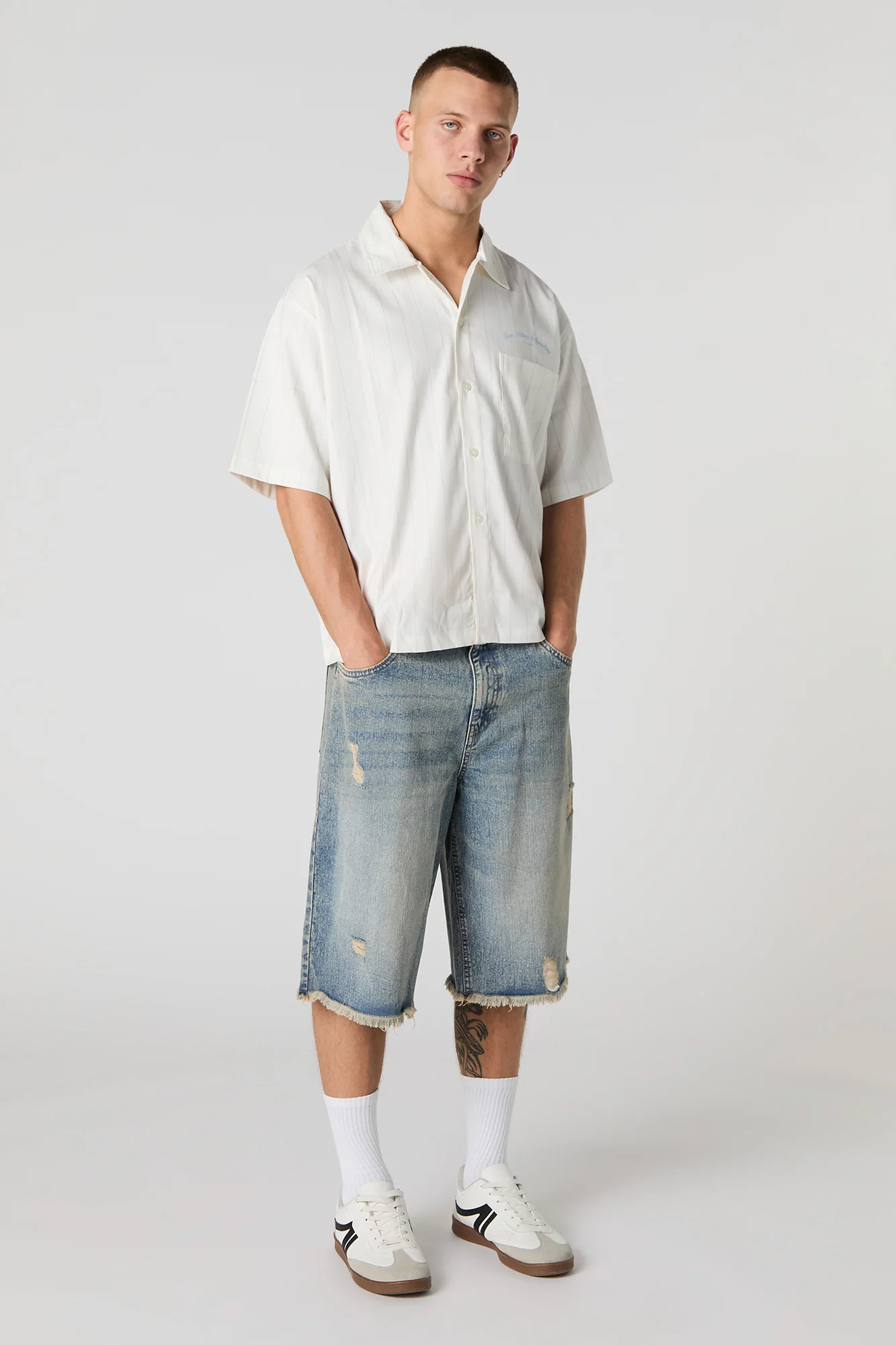 Pinstriped Graphic Boxy Button-Up Top - Image 7