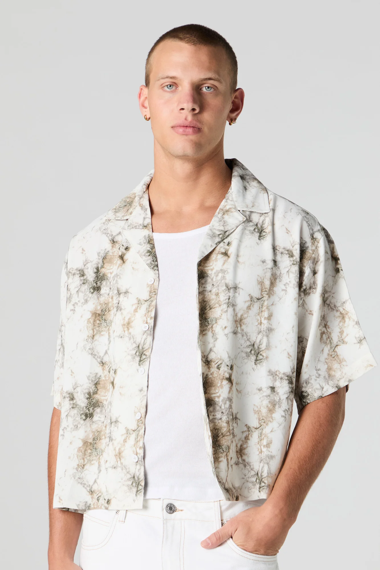 Printed Boxy Short Sleeve Button-Up Top - Image 4