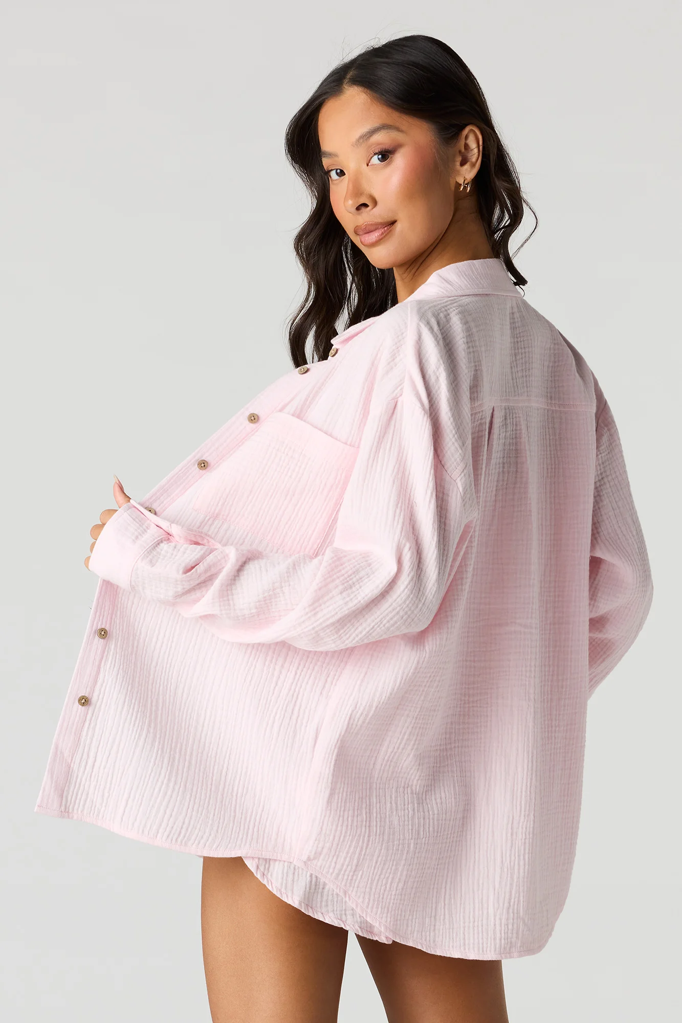 Crinkled Long Sleeve Button-Up Top - Image 14