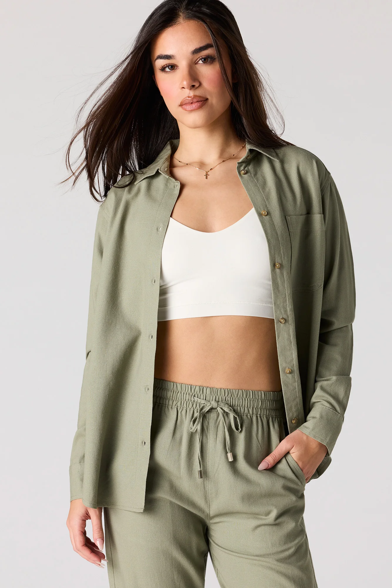Linen-Blend Button-Up Top