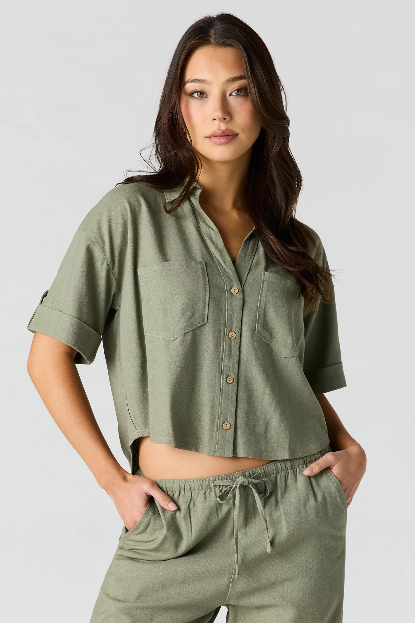 Linen-Blend Button-Up Collared Crop Top - Image 10