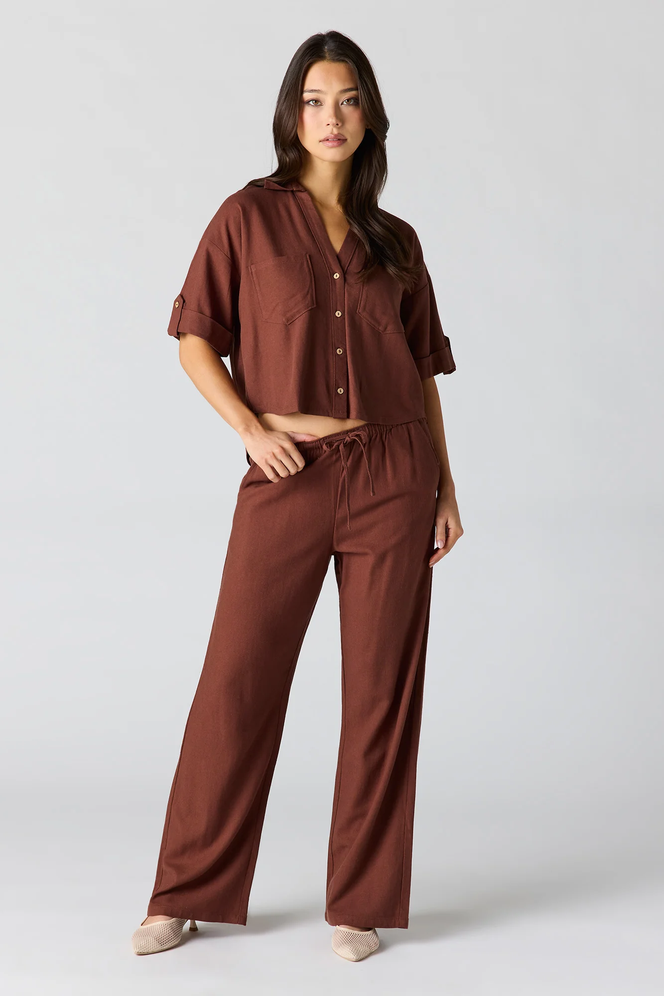 Linen-Blend Button-Up Collared Crop Top - Image 3