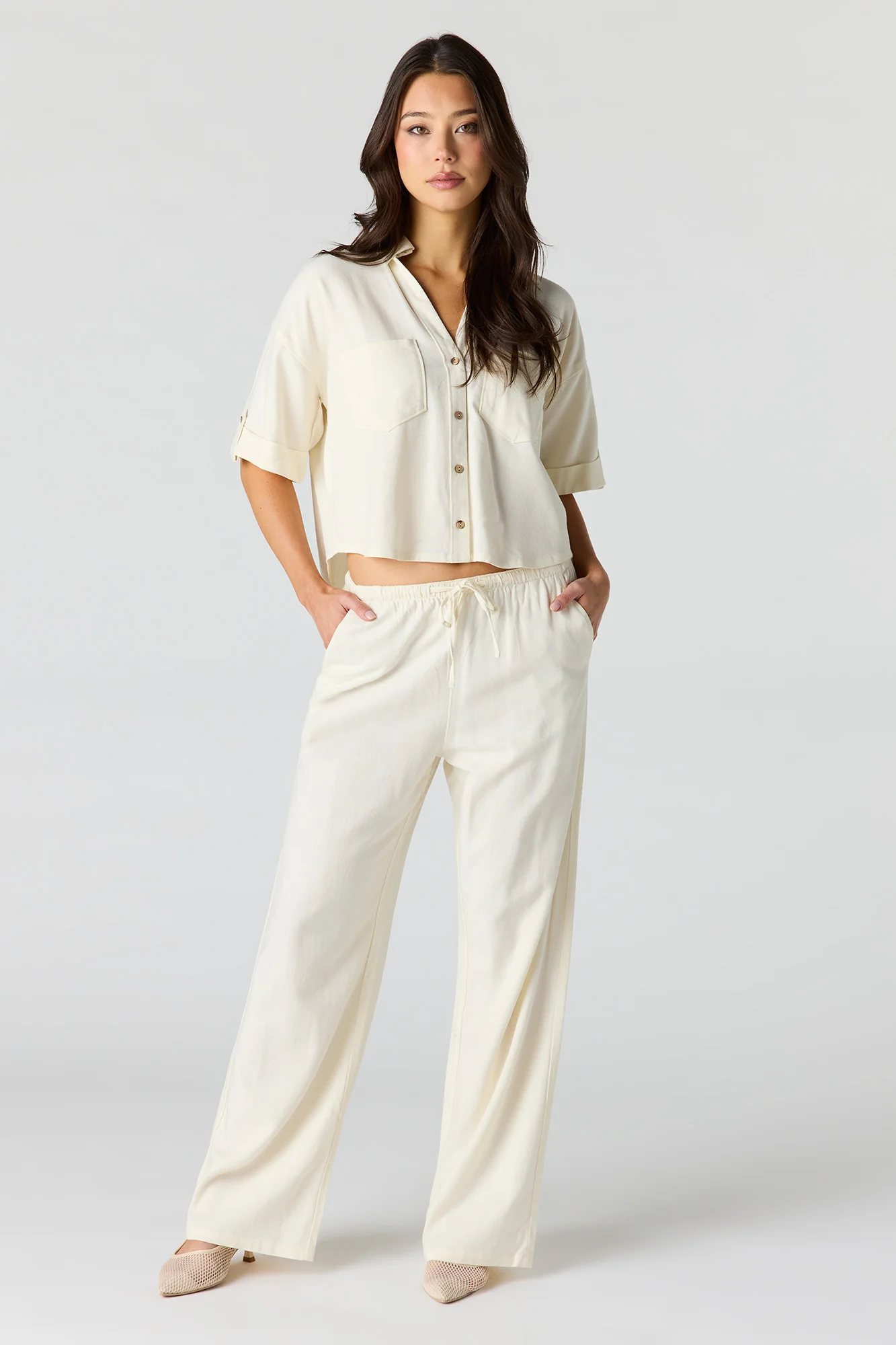 Linen-Blend Button-Up Collared Crop Top - Image 6