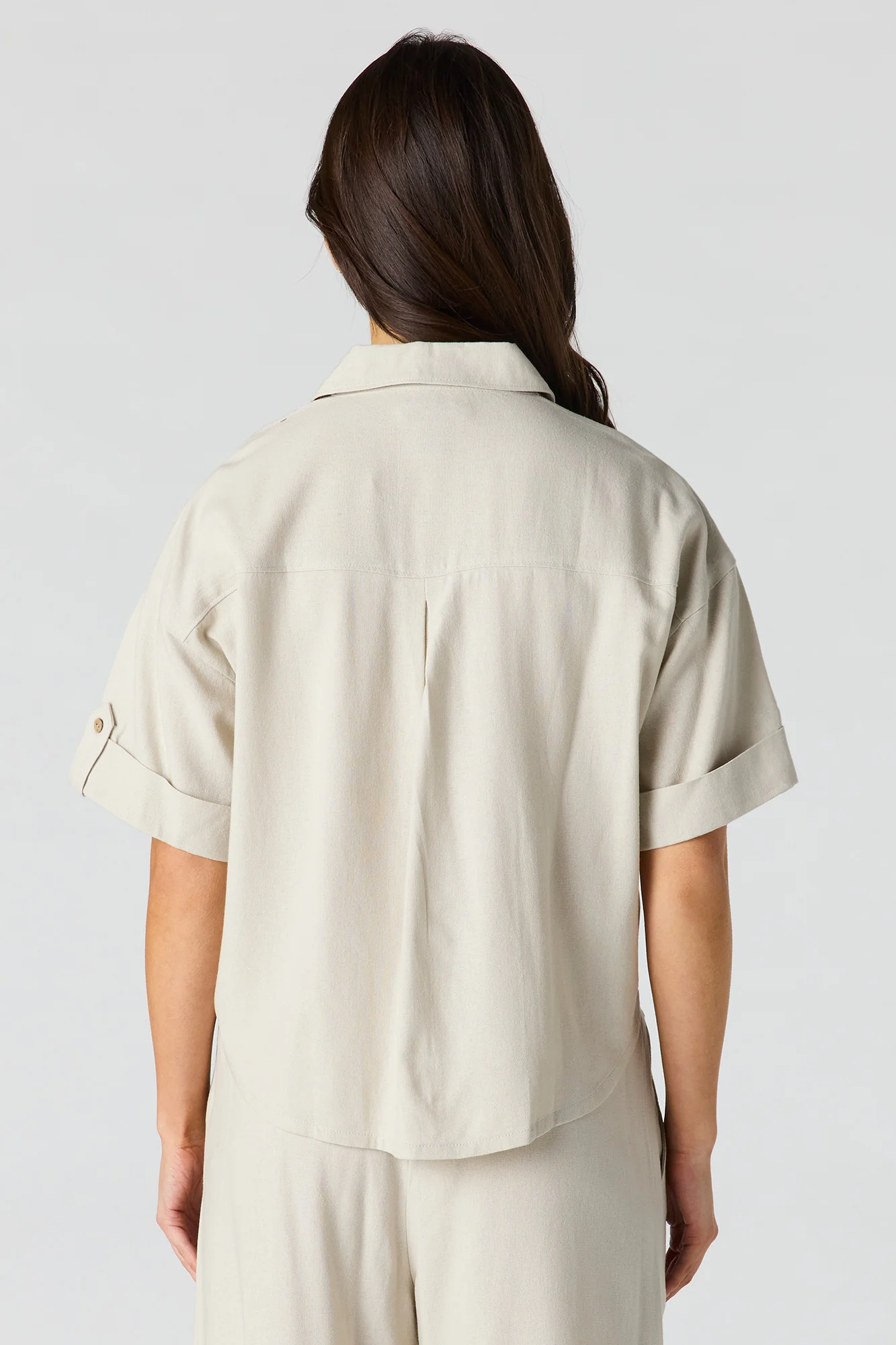 Linen-Blend Button-Up Collared Crop Top - Image 8