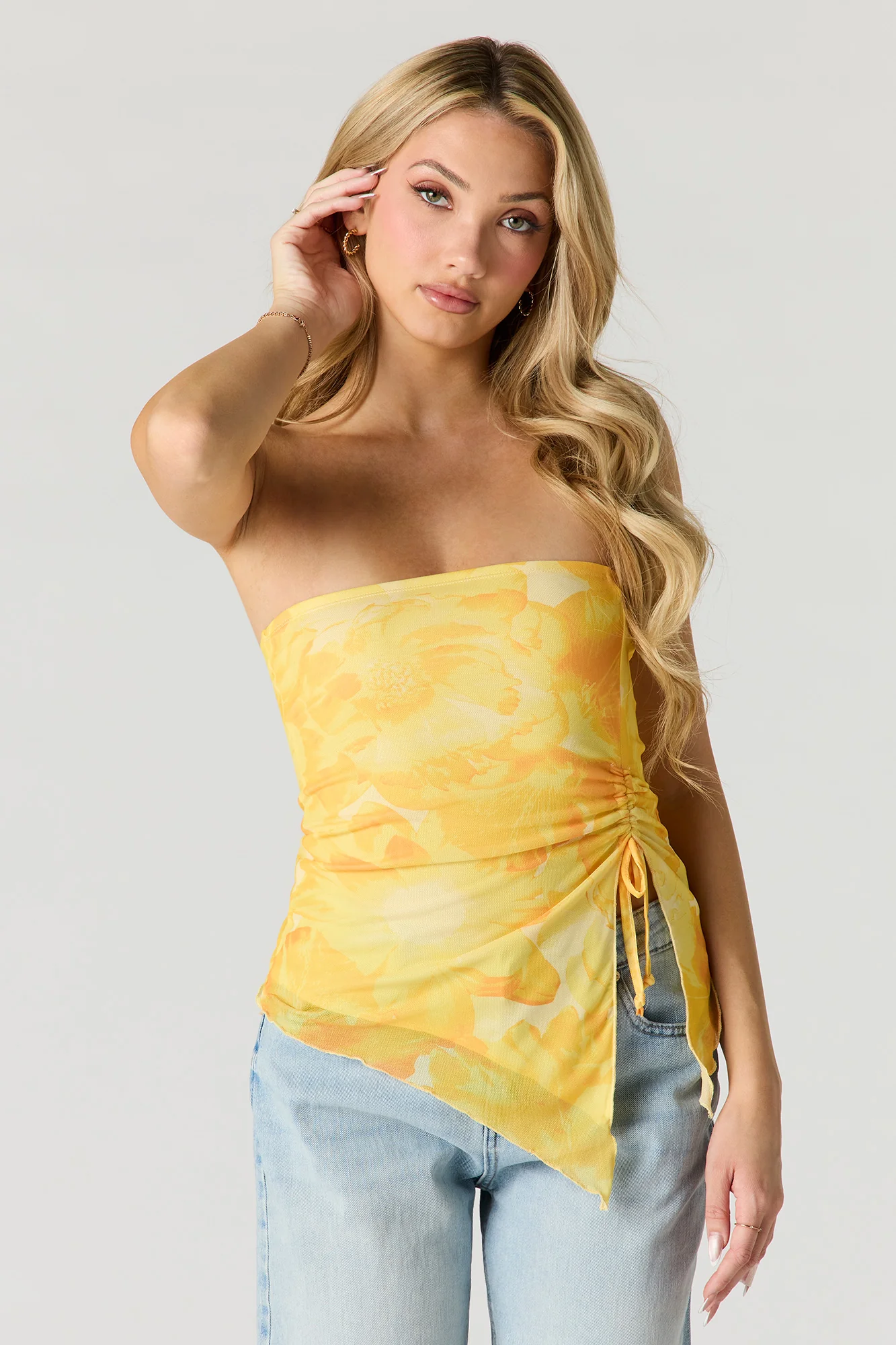 Printed Mesh Asymmetrical Tube Top - Image 4