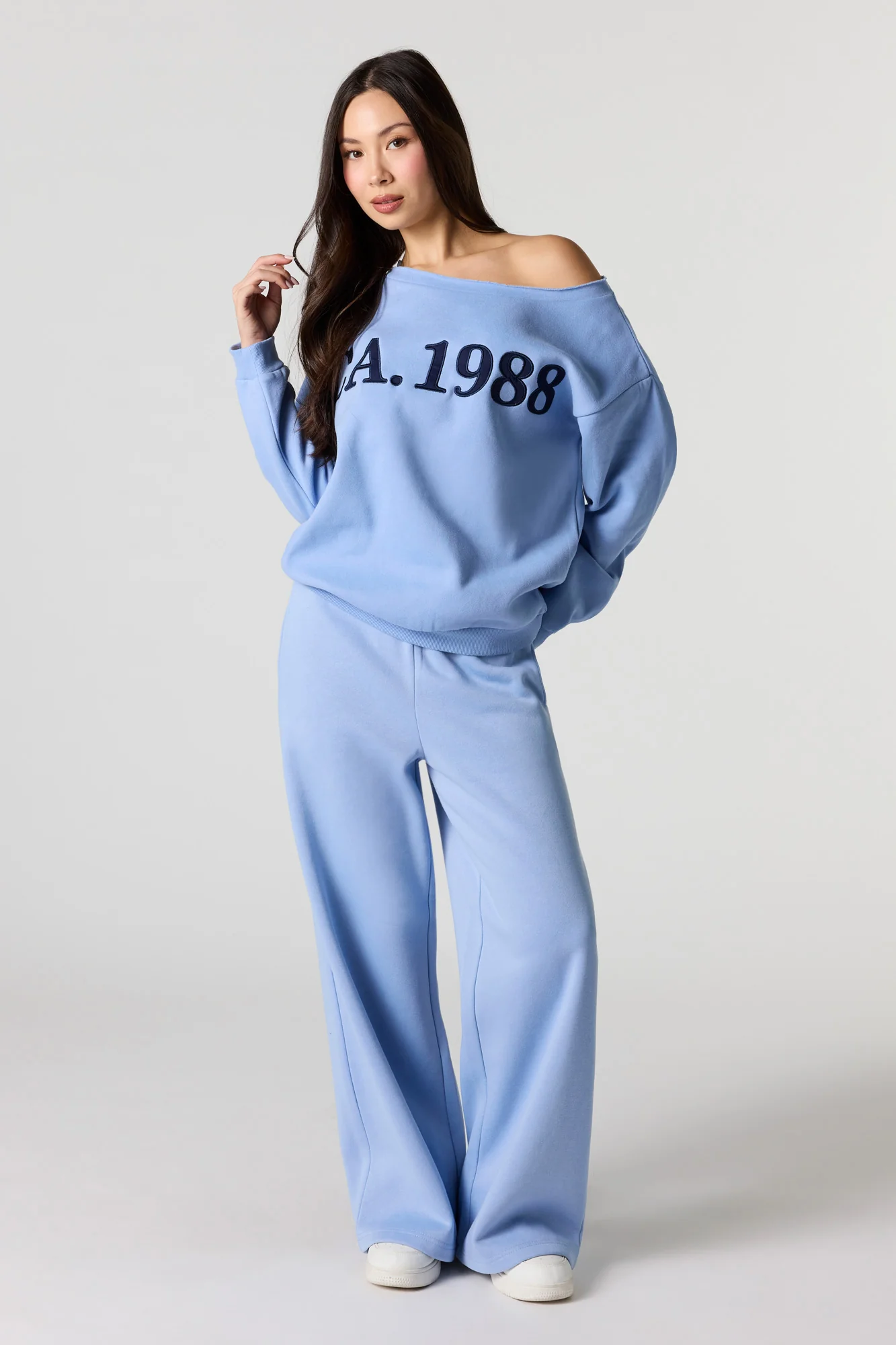 CA Embroidered Off Shoulder Fleece Sweatshirt - Image 3