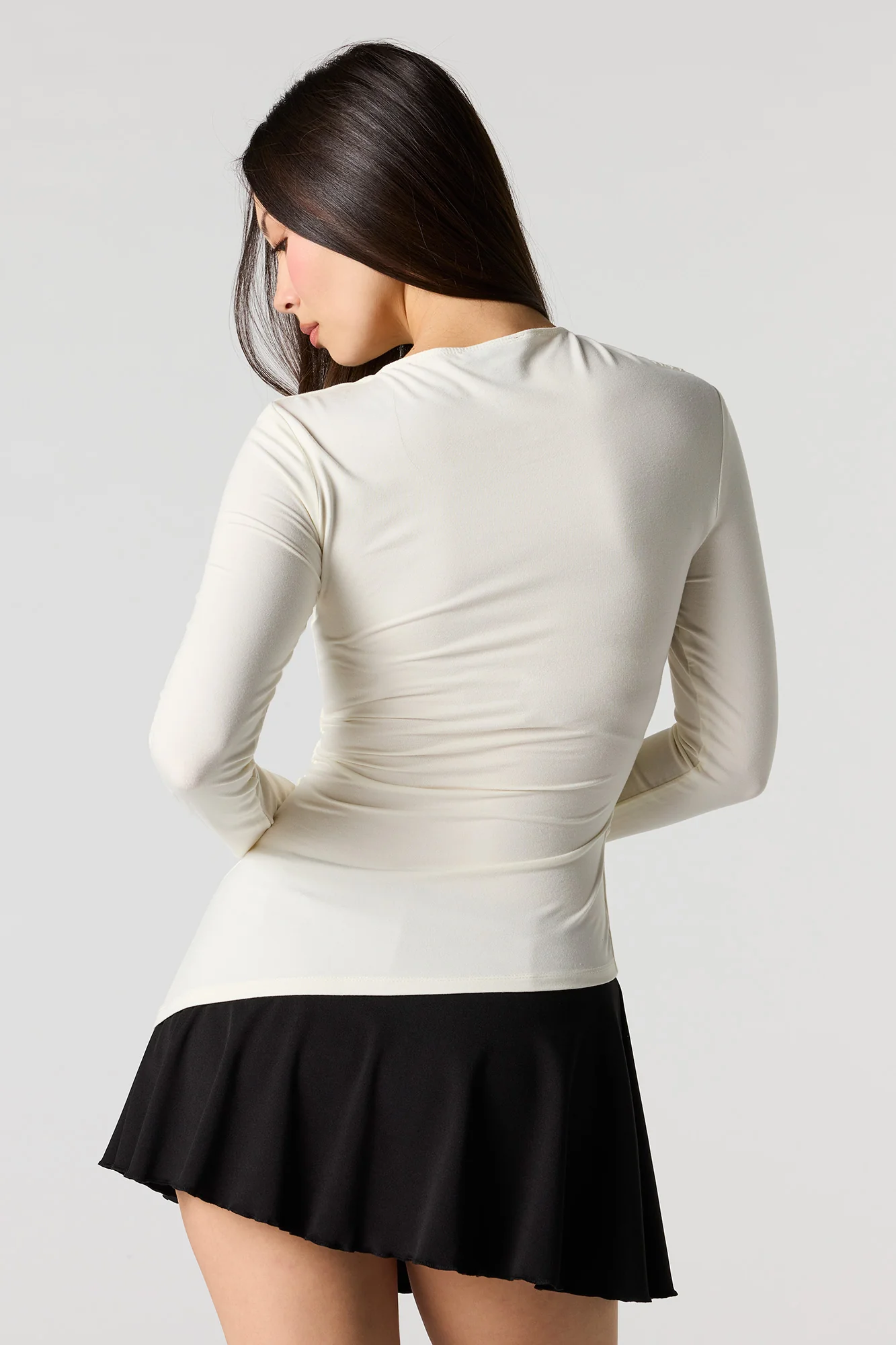 Asymmetrical Ruched Boat Neck Long Sleeve Top - Image 11