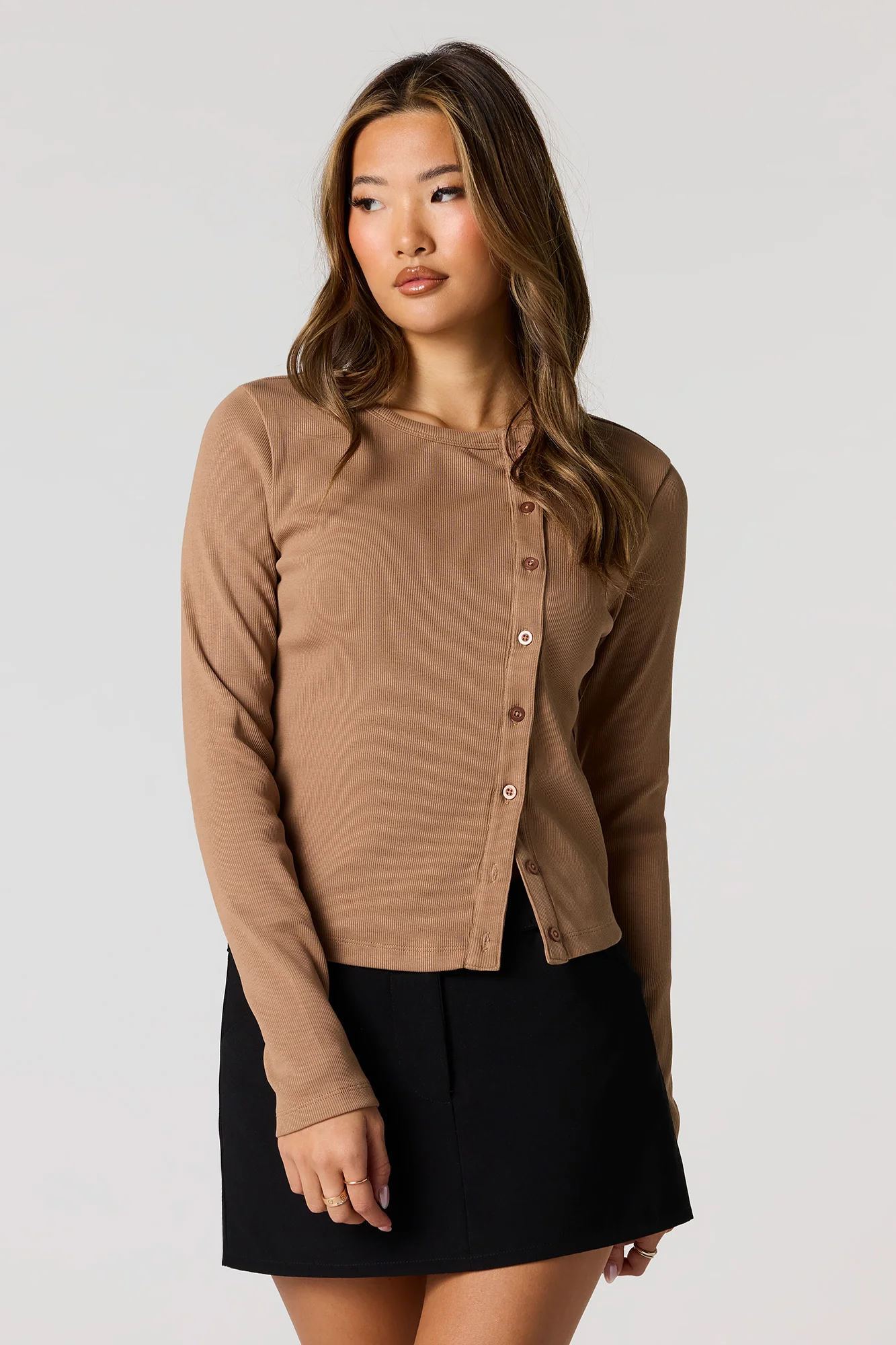 Asymmetrical Button-Up Ribbed Cardigan - Image 13
