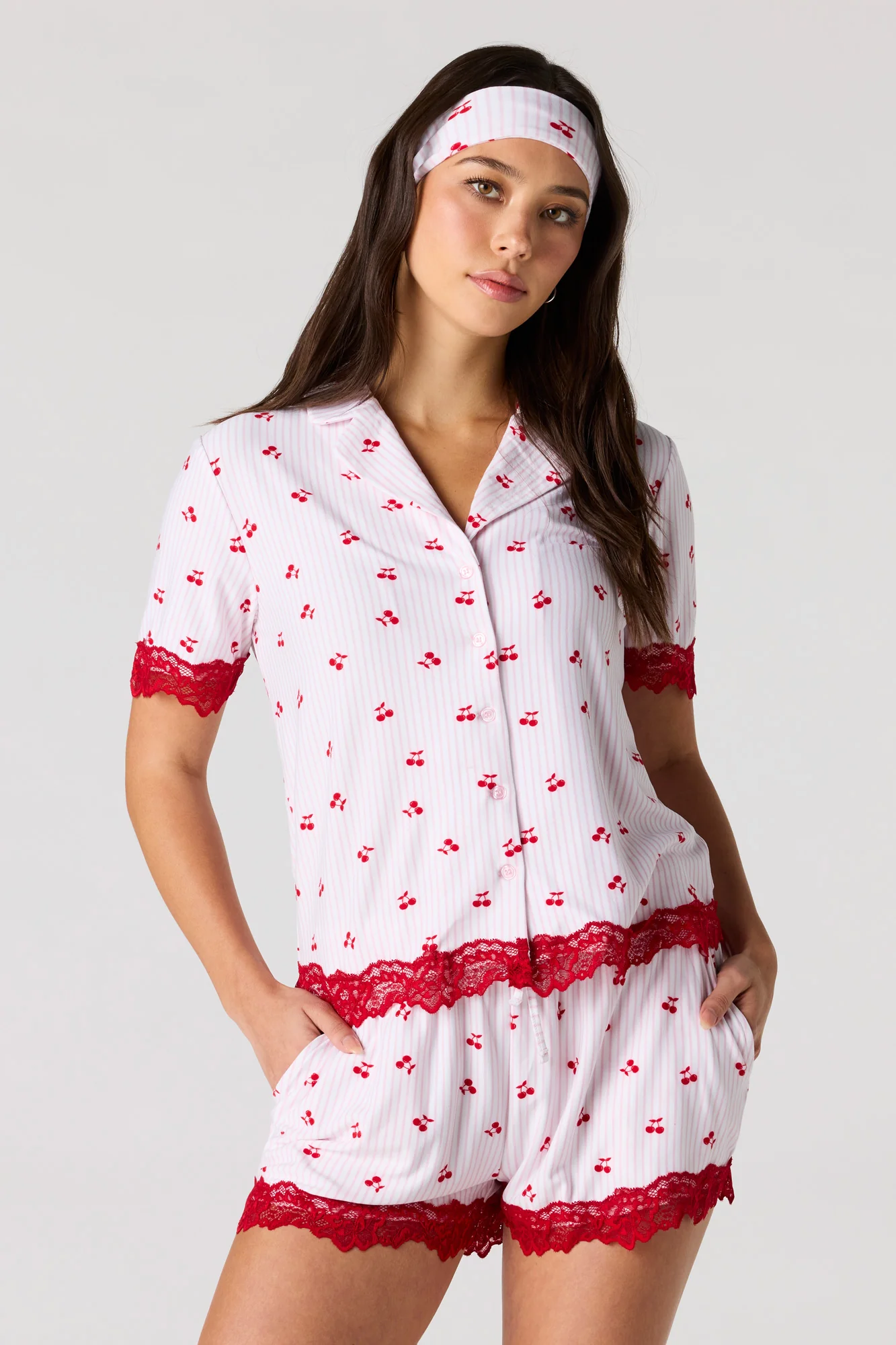 Lace Trim Button-Up Top & Short & Headband Pajama Set