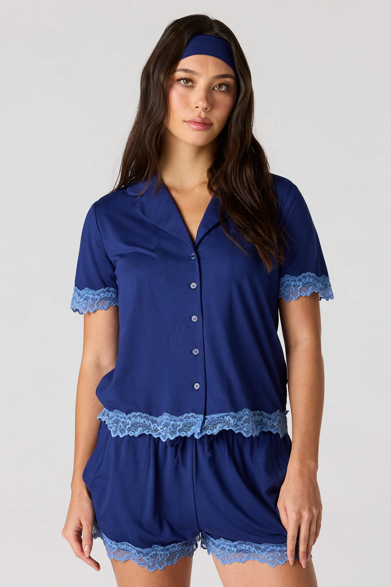 Lace Trim Button-Up Top & Short & Headband Pajama Set - Image 11