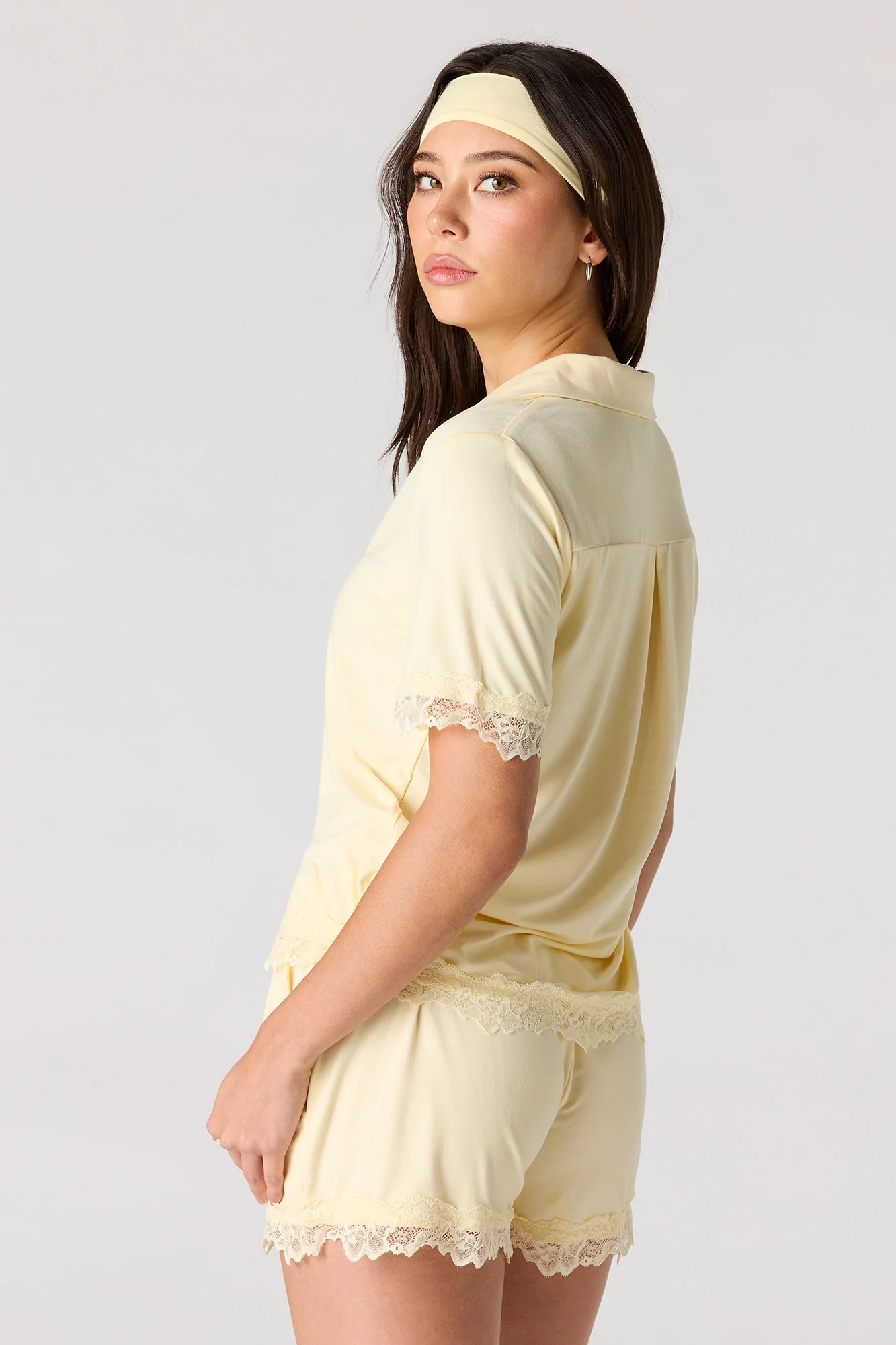 Lace Trim Button-Up Top & Short & Headband Pajama Set - Image 17