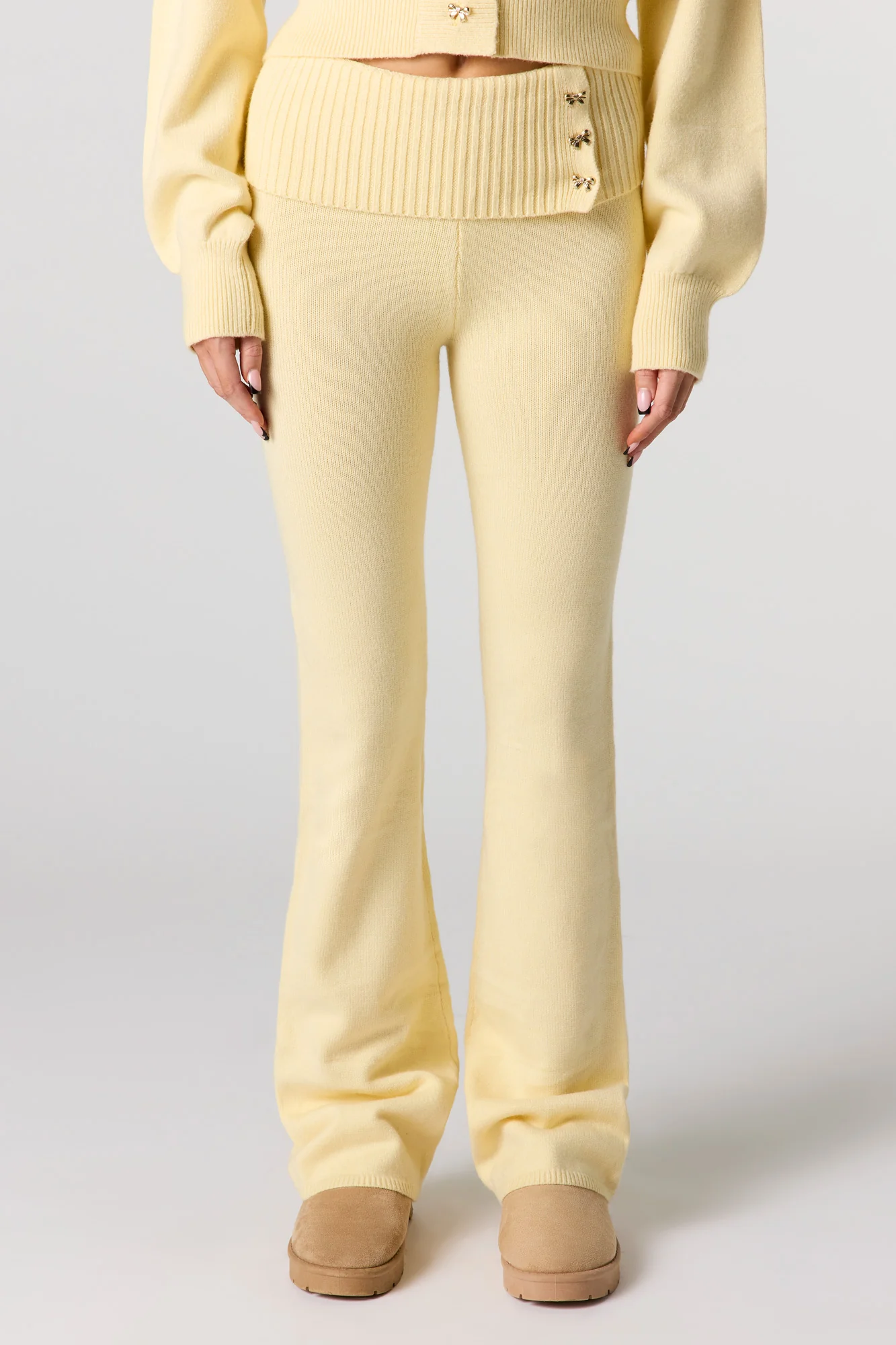 Cozy Knit Foldover Button Waist Flare Pant - Image 2