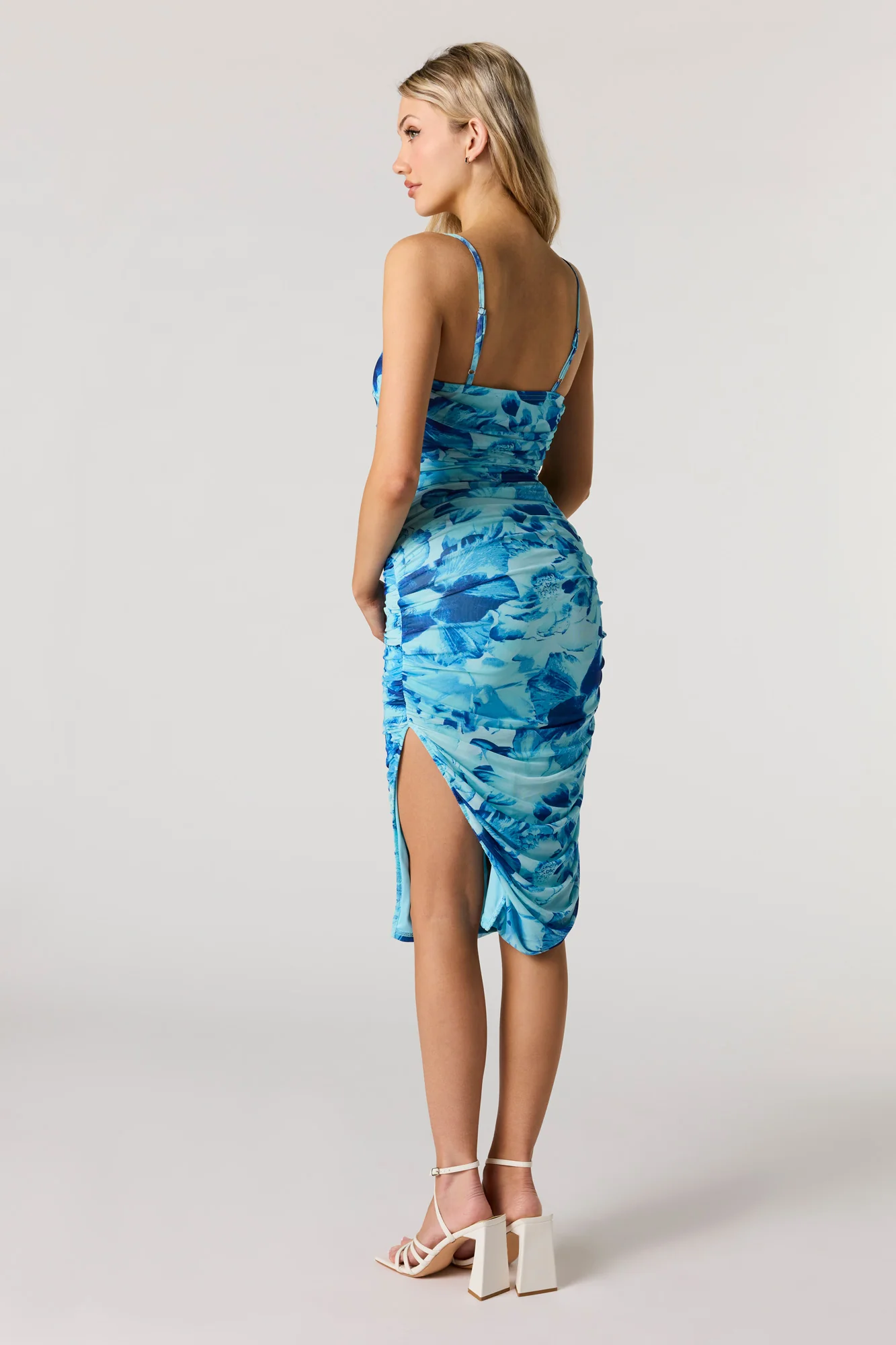 Floral Mesh Ruched Midi Dress - Image 7