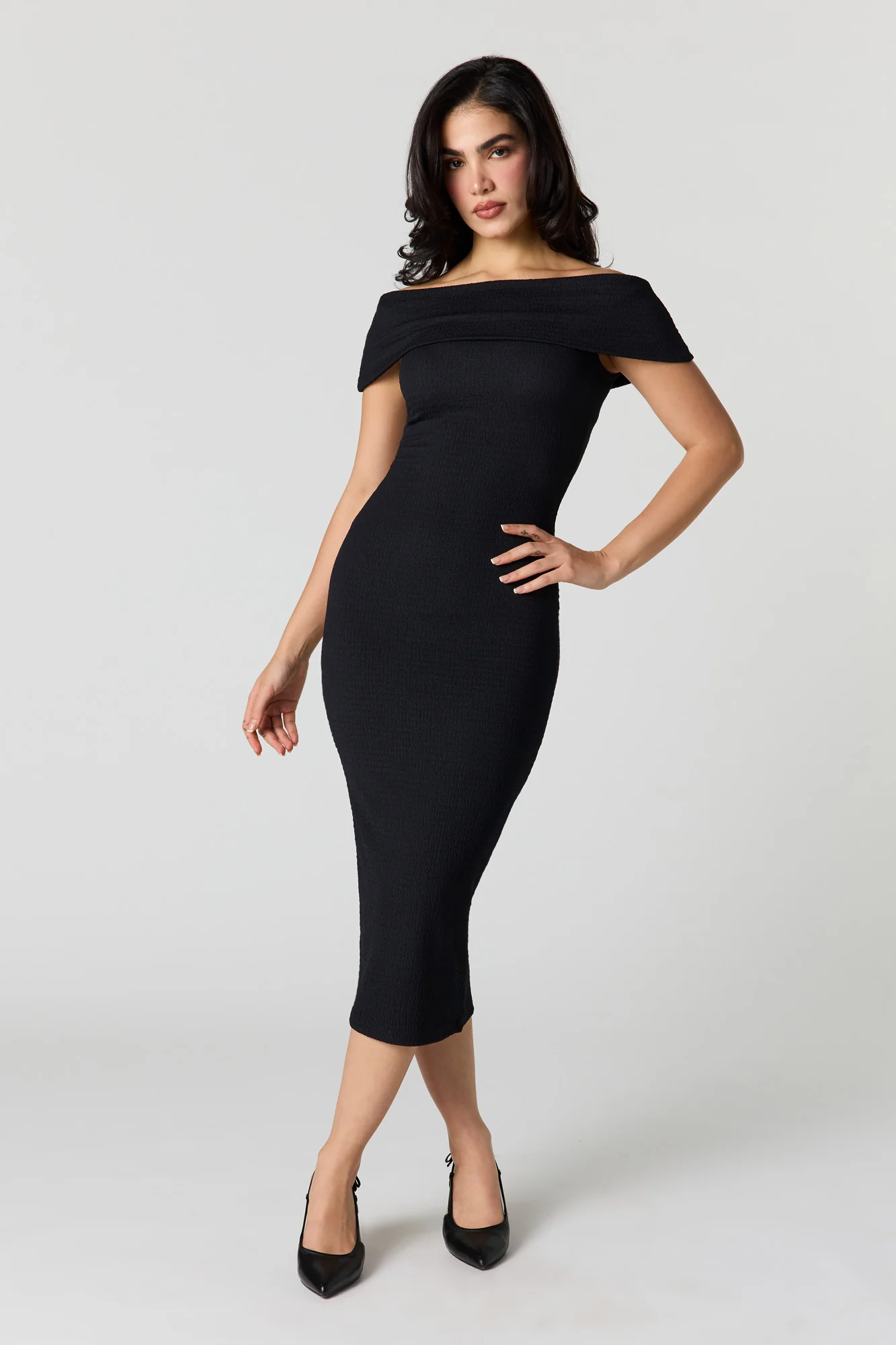 Textured Off Shoulder Midi Dress - Image 7