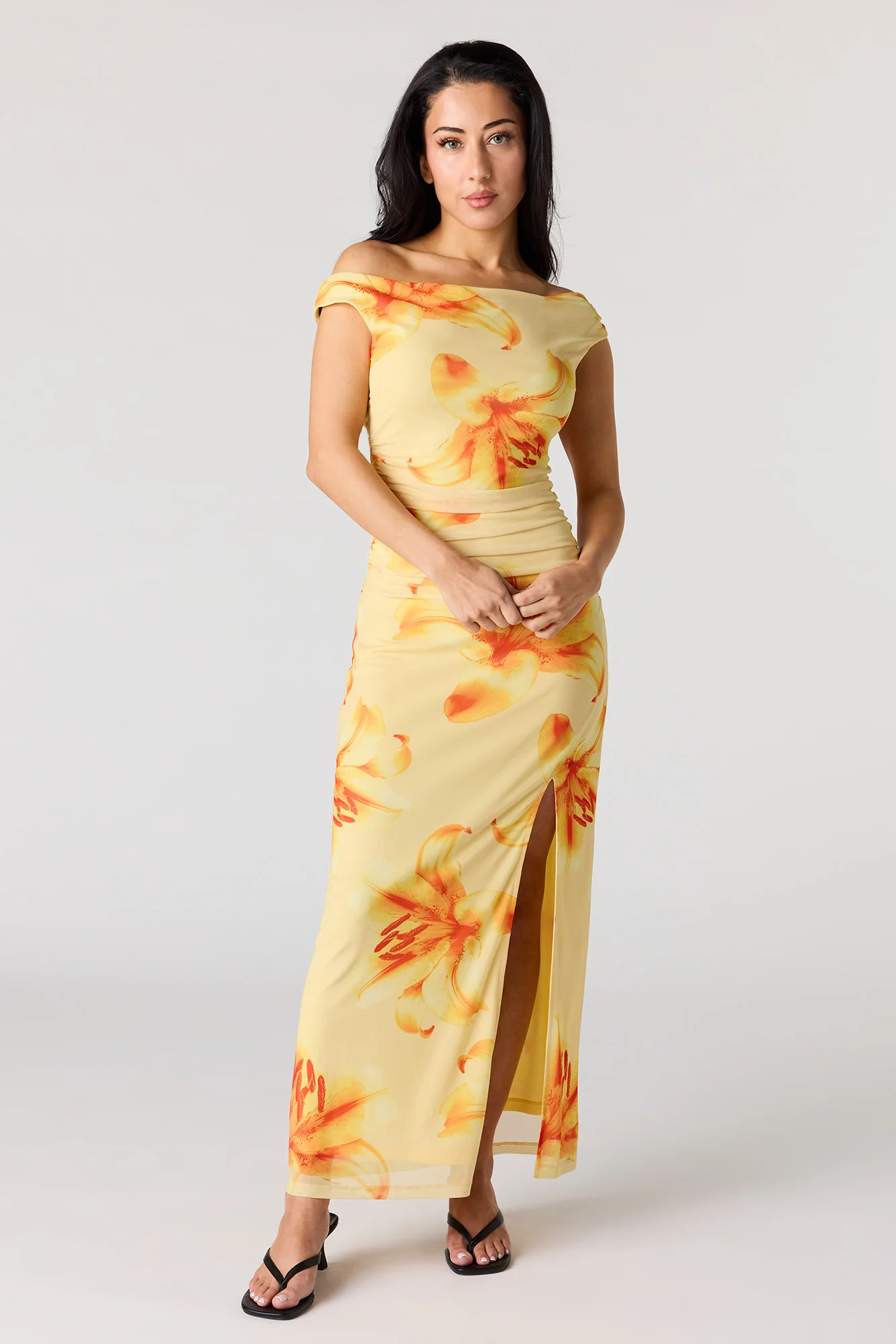 Mesh Ruched Asymmetrical Maxi Dress