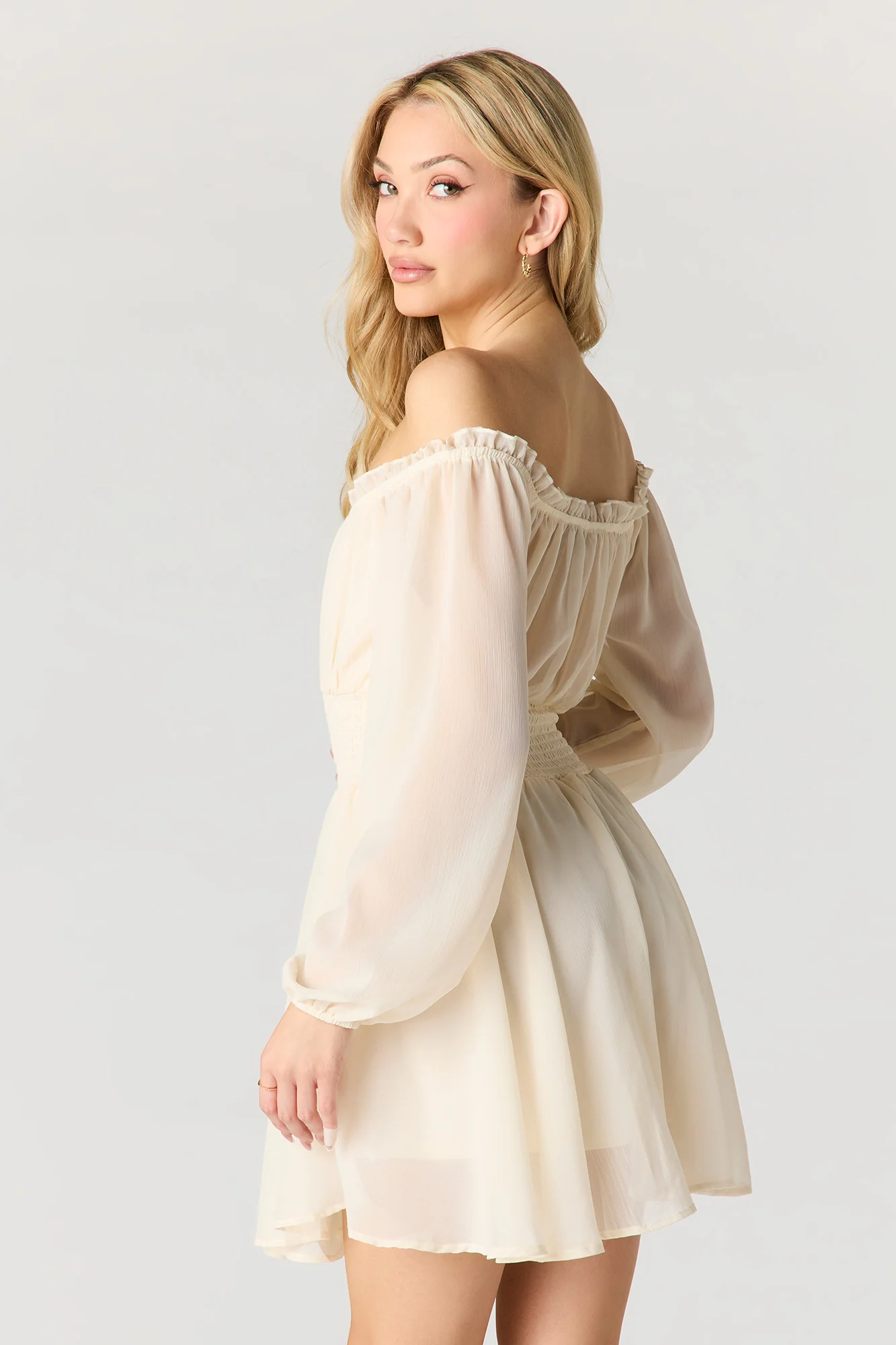 Chiffon Off Shoulder Long Sleeve Mini Dress - Image 10
