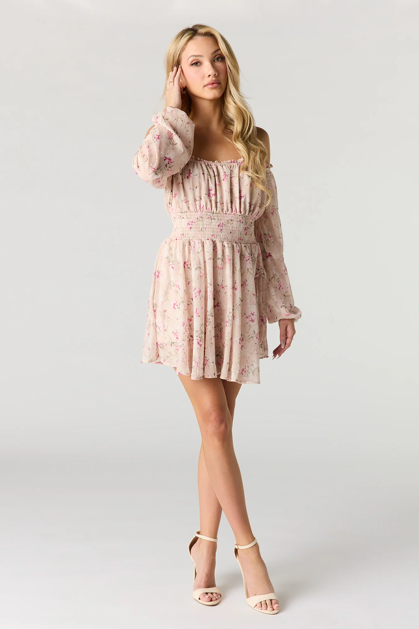 Chiffon Off Shoulder Long Sleeve Mini Dress - Image 3